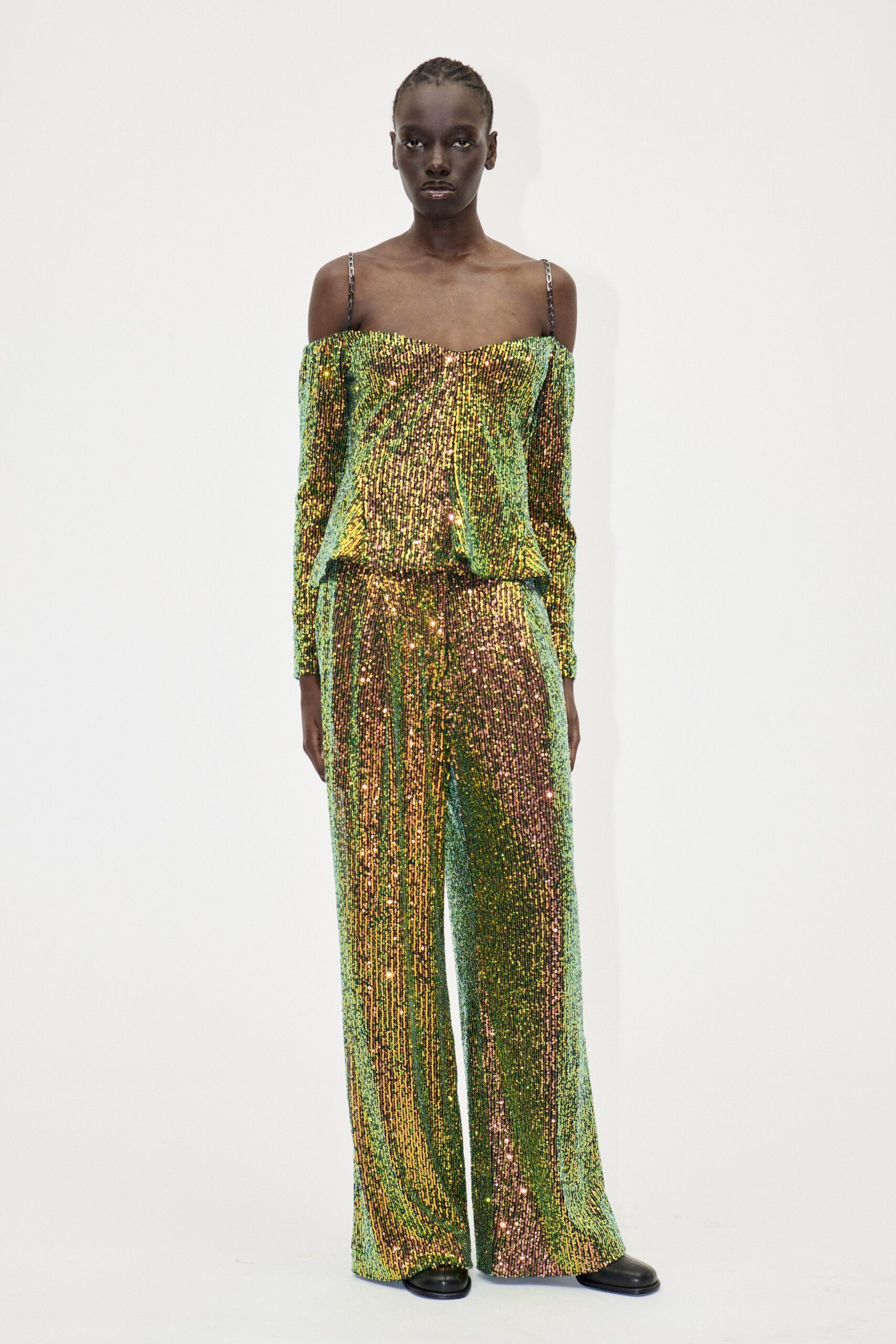 shiny green sequined jumpsuit