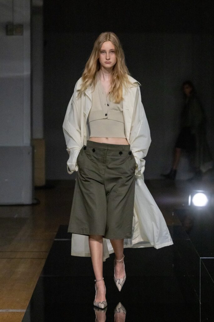 white trench coat with beige top