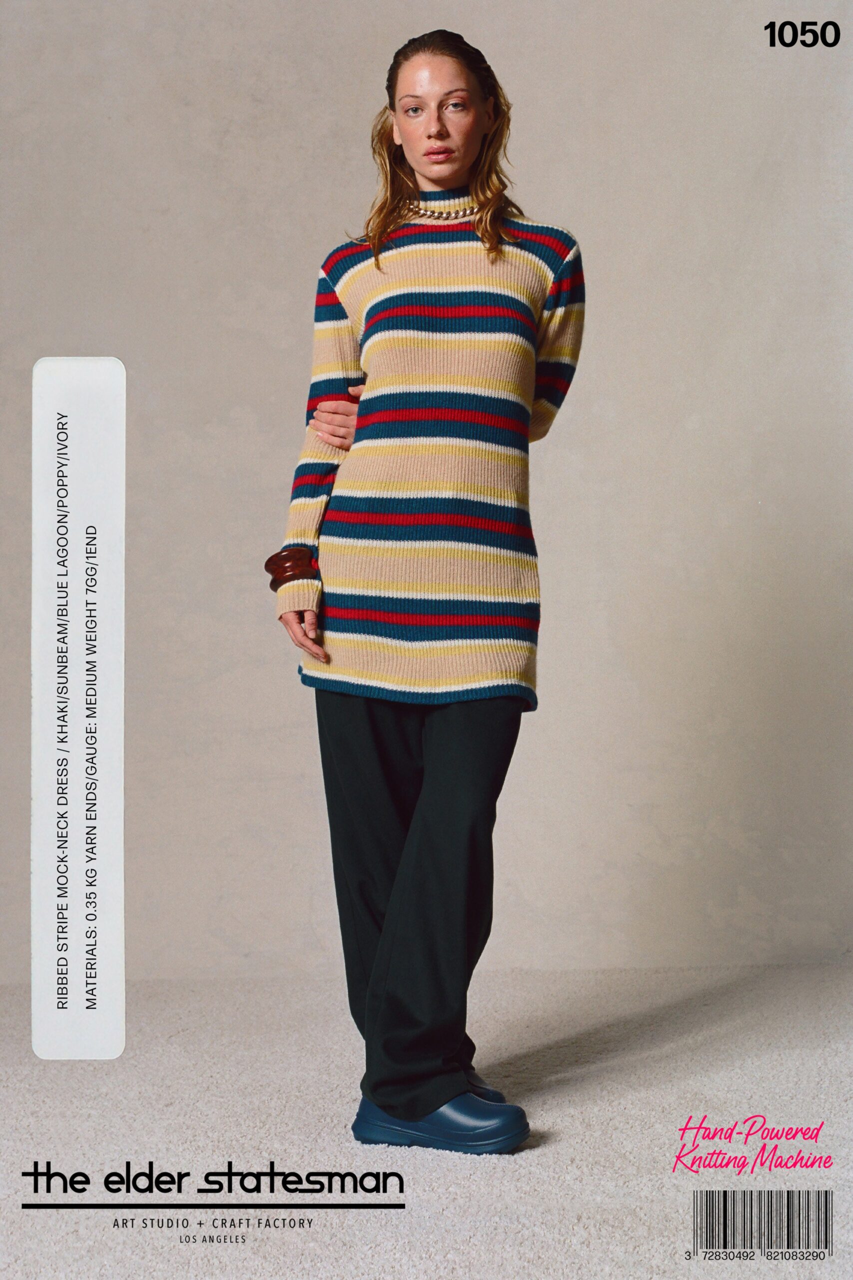A relaxed multicolor sweater with long sleeves and high neck paired with loose-fitting pants.
