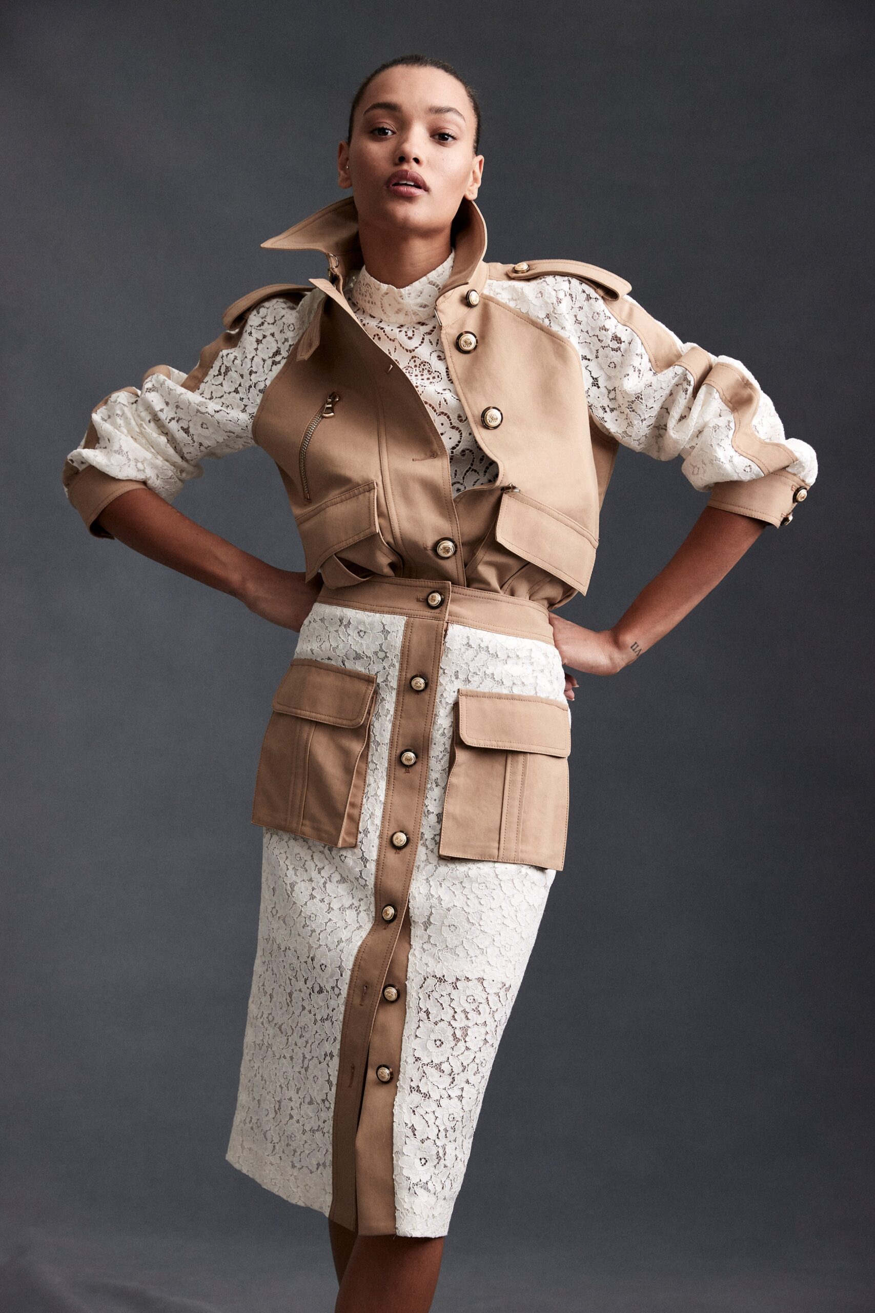 beige jacket and white lace dress