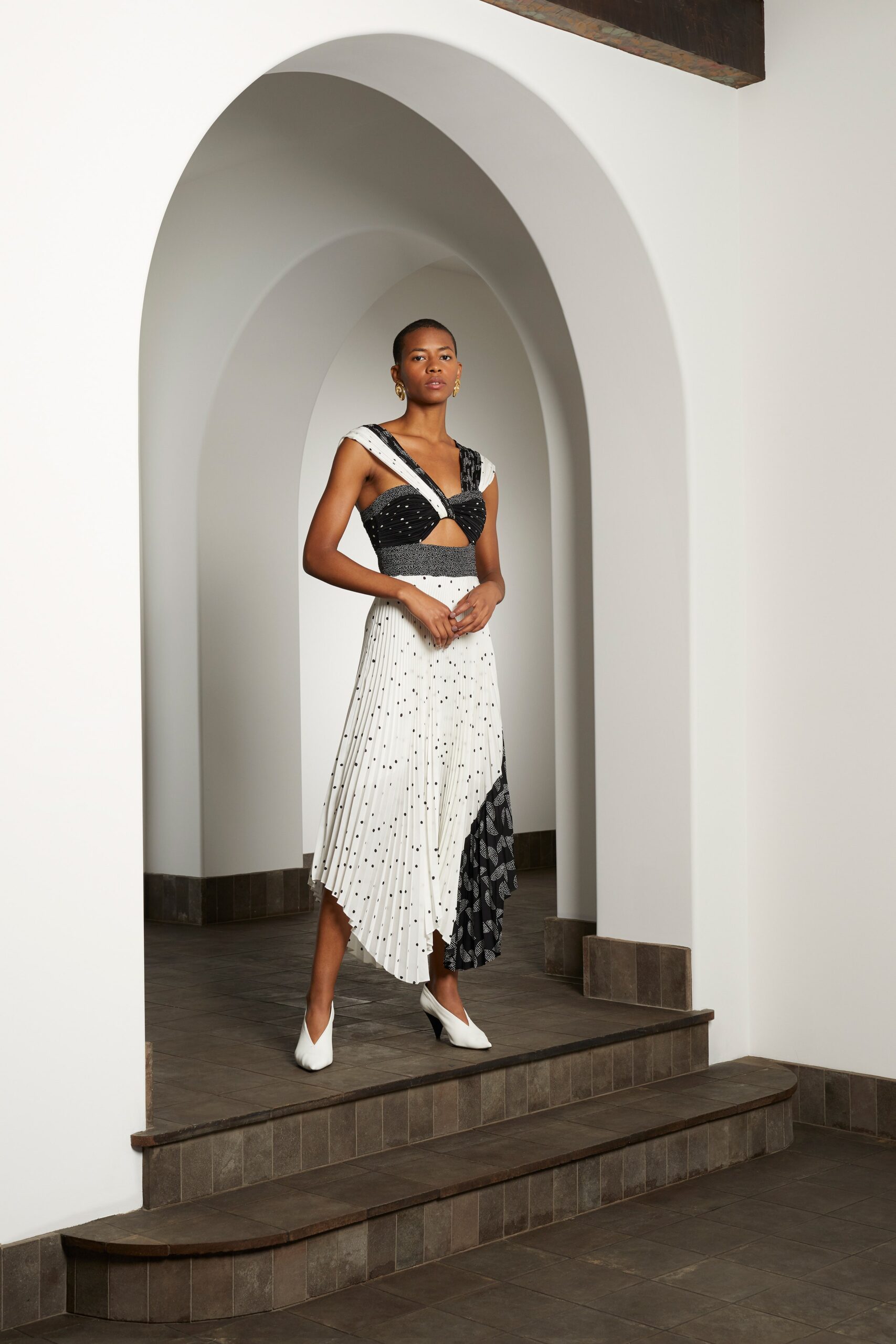 black and white pleated midi dress