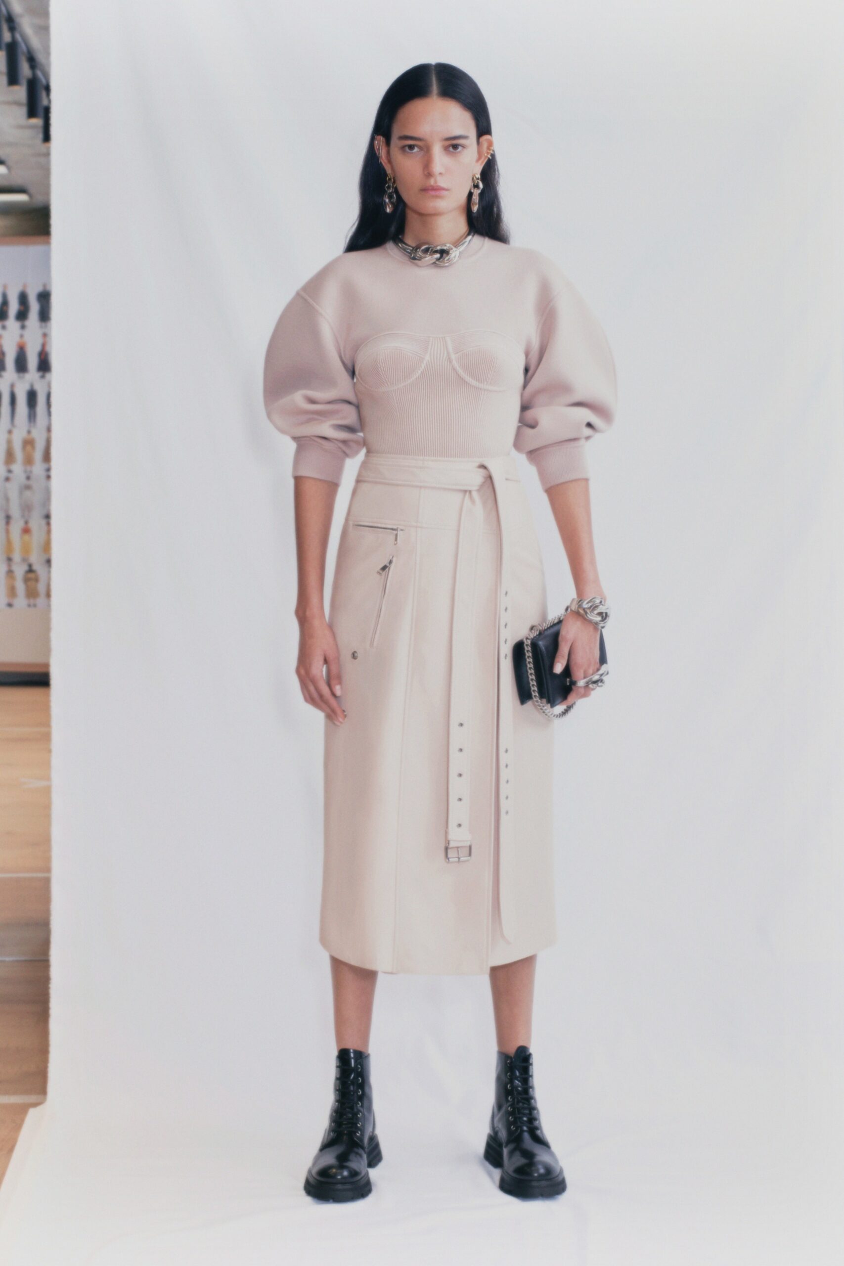 beige fitted top and skirt