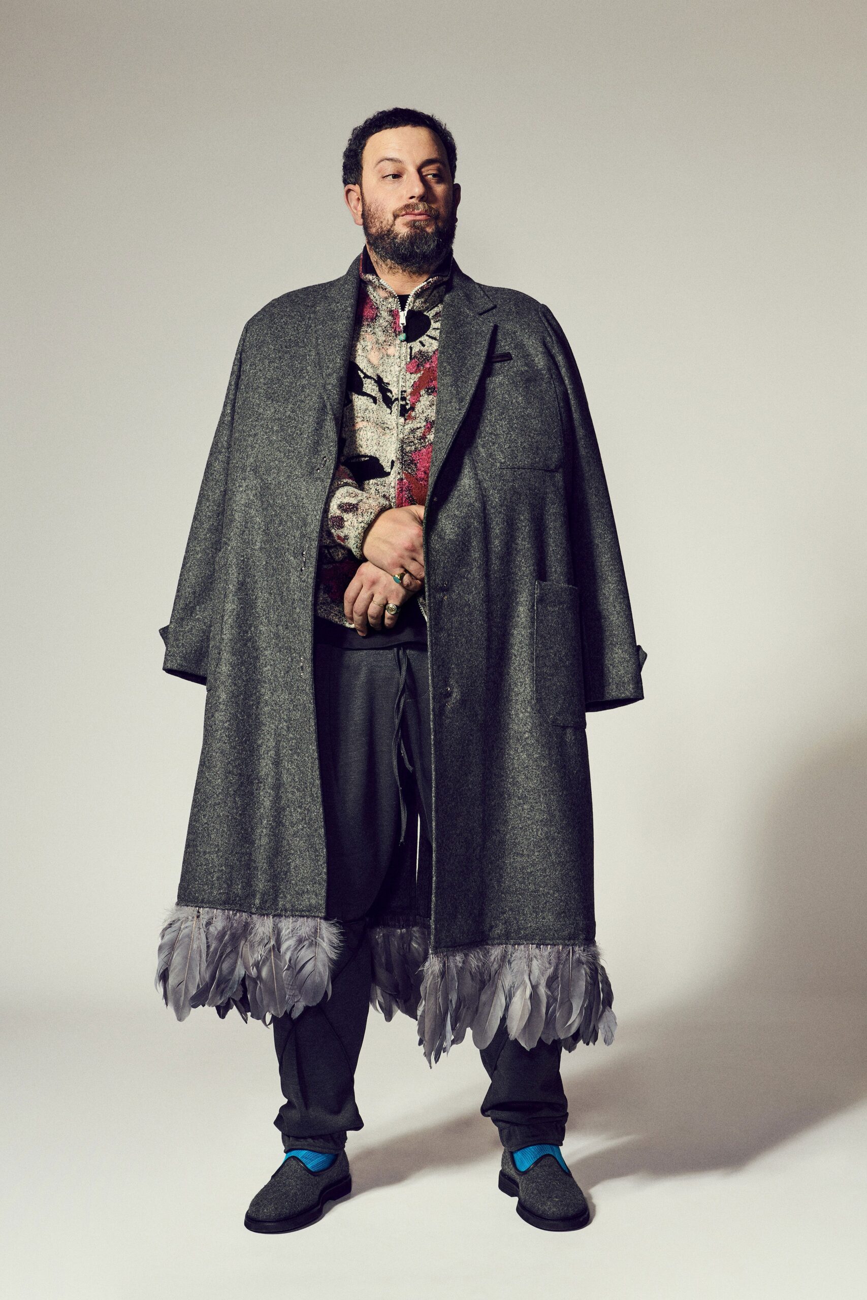 gray wool coat with fringes