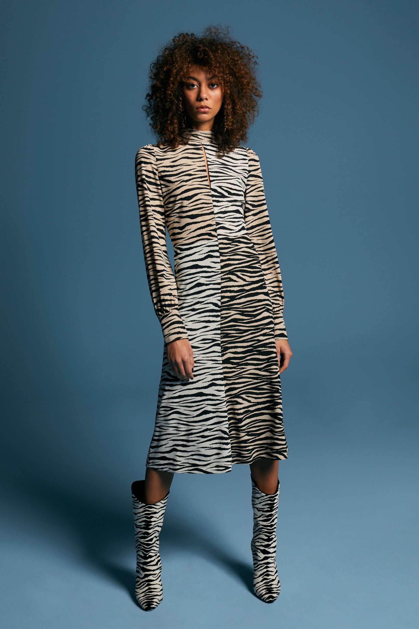 beige and black printed midi dress