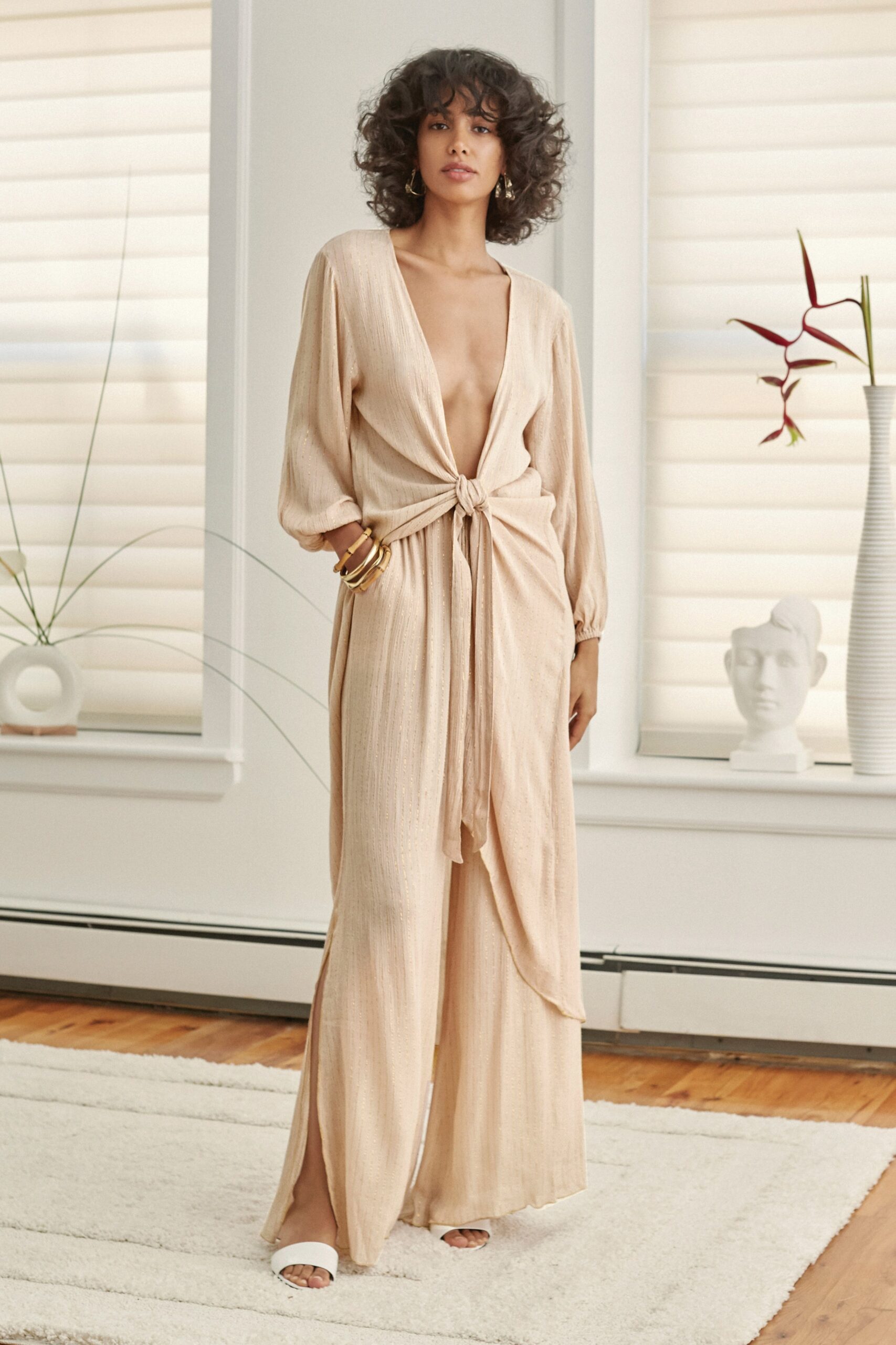 beige relaxed v-neck jumpsuit