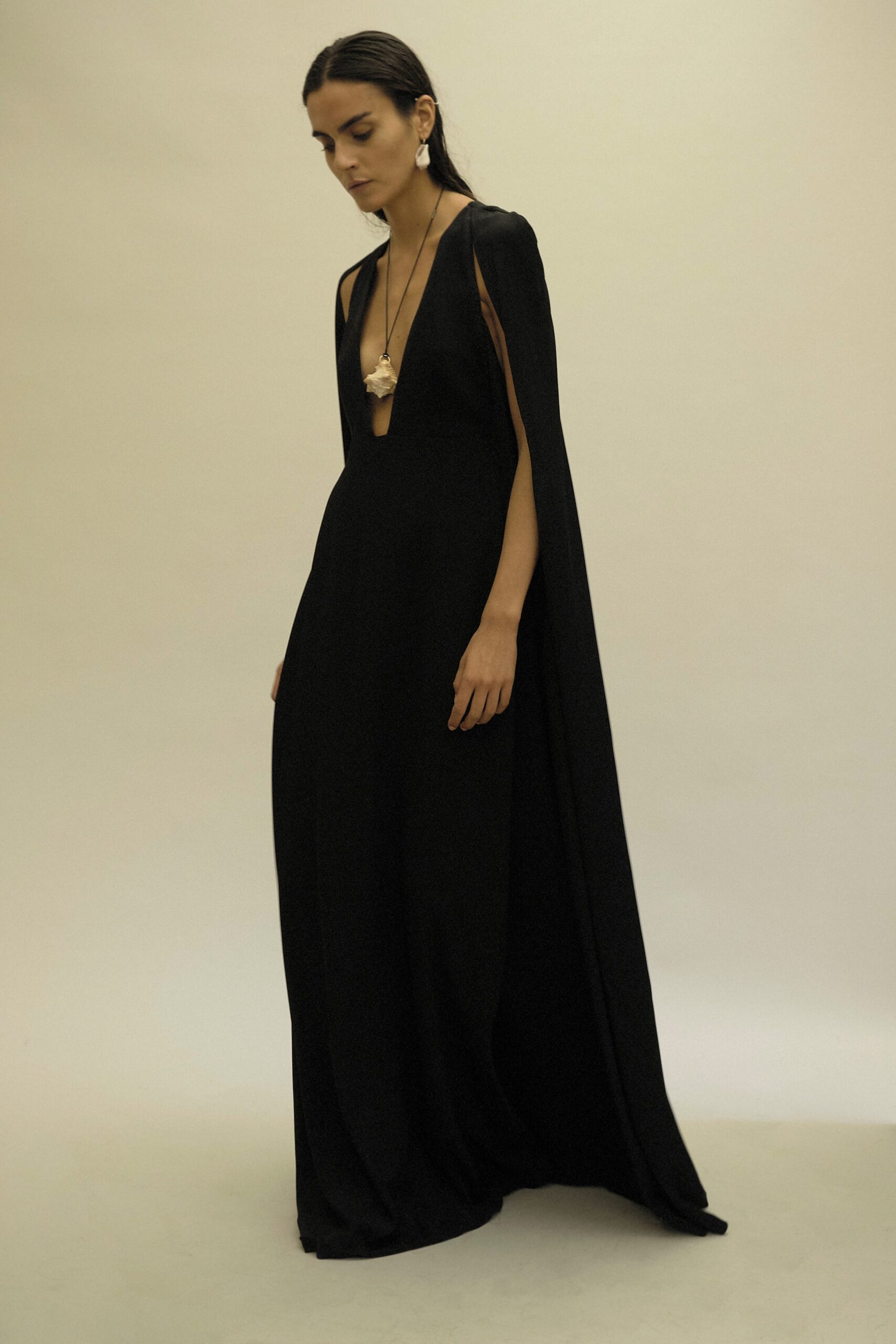 black silk sleeveless gown