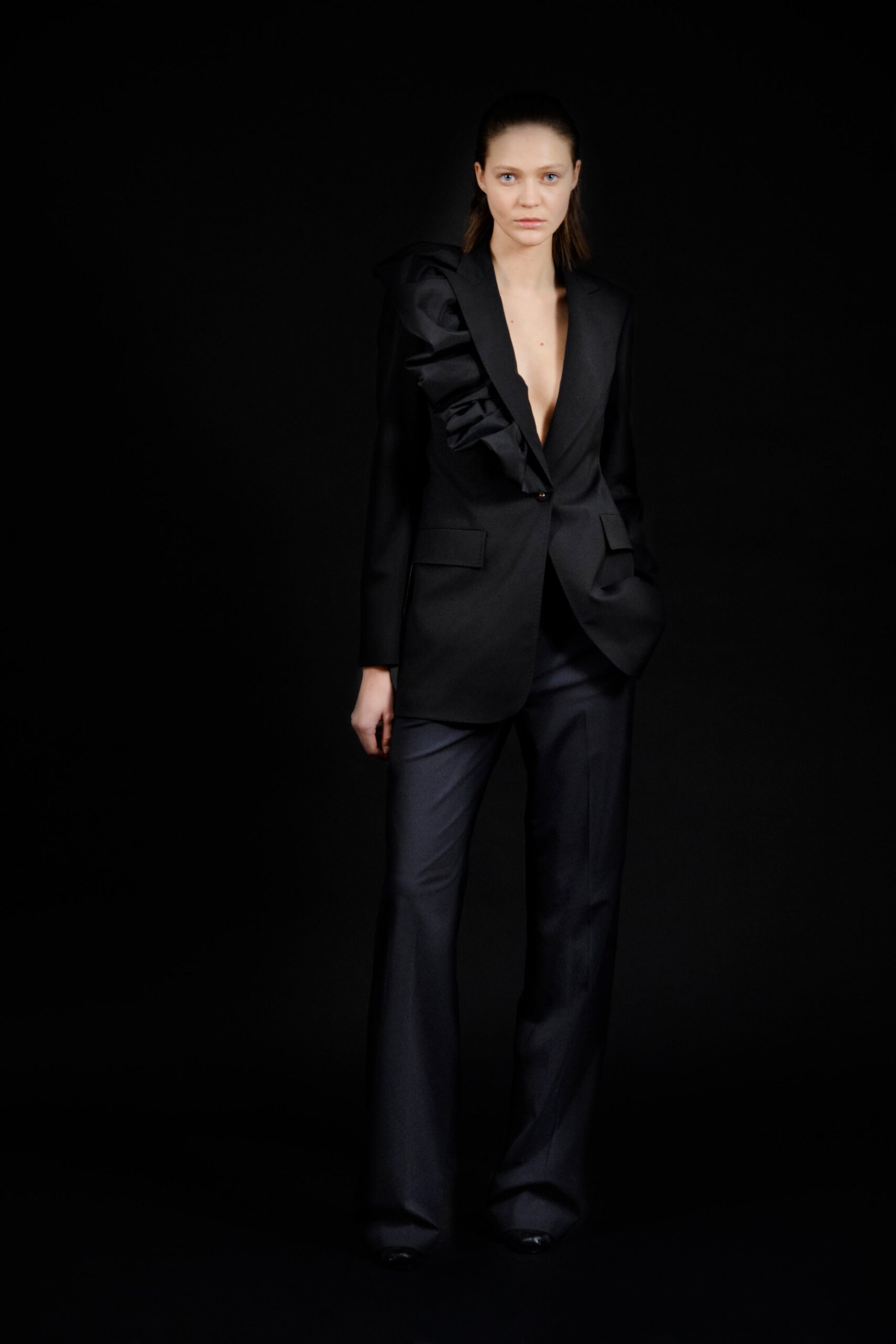 black silk fitted flared pants