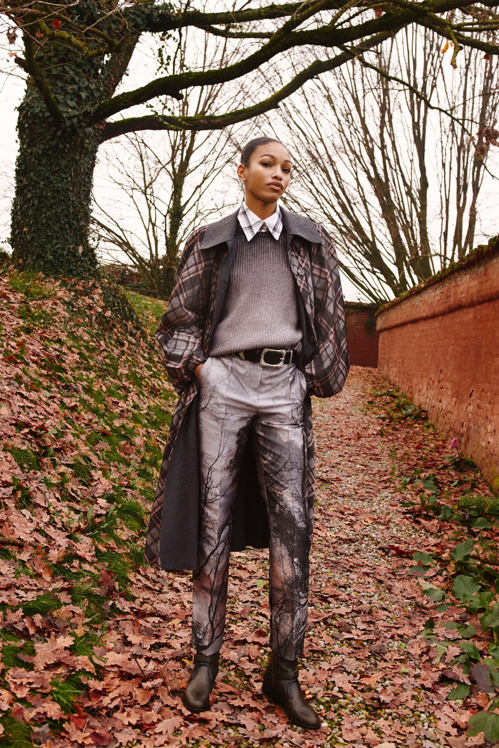 black gray wool coat with tailored pants