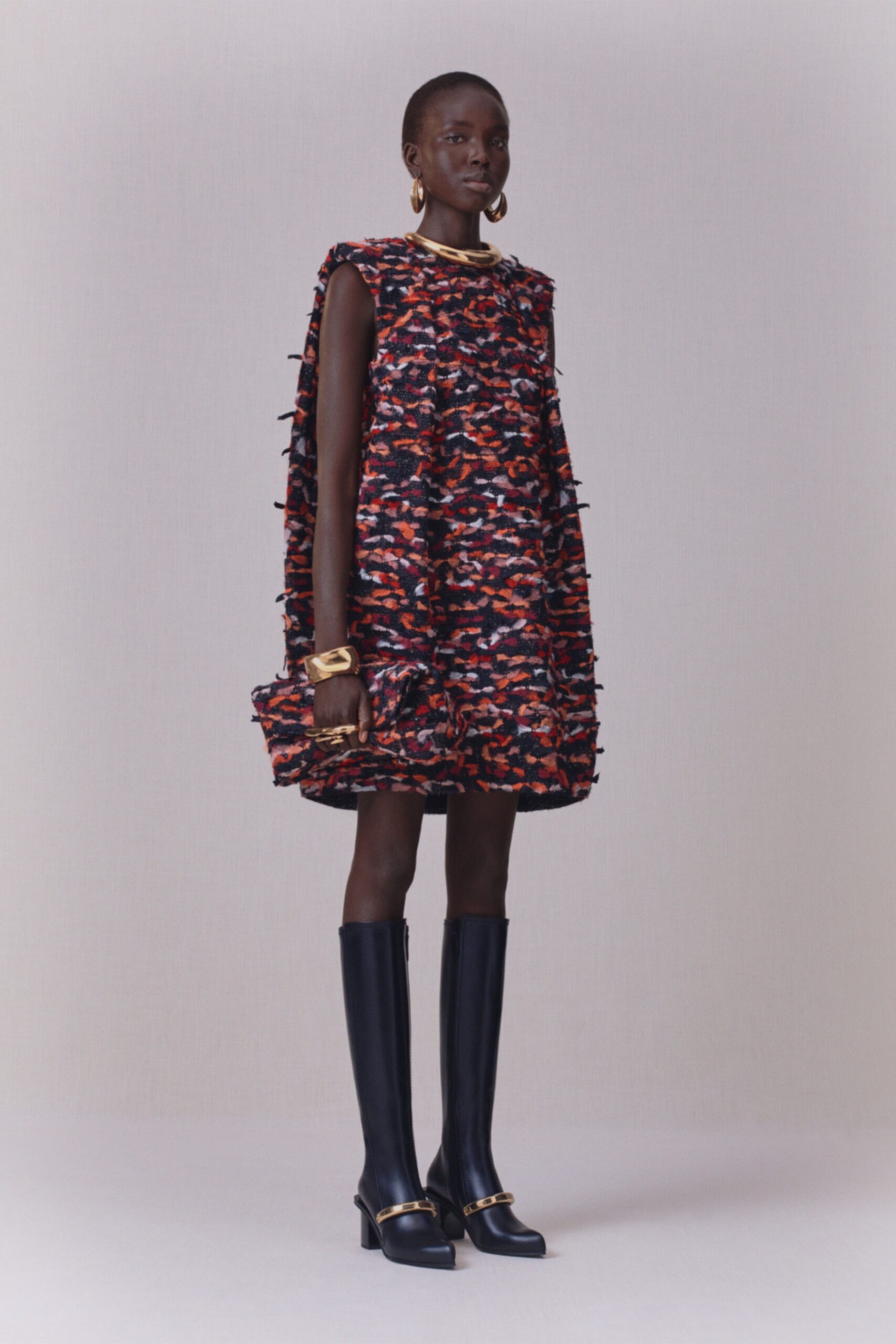 multi cotton sleeveless high-neck relaxed layered ruffled dress