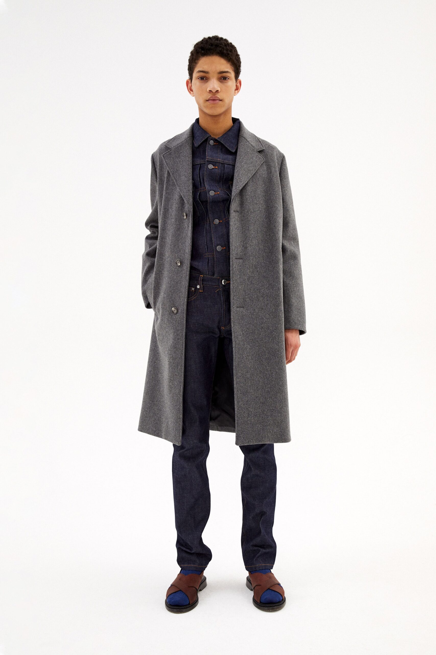 gray wool coat with denim outfit