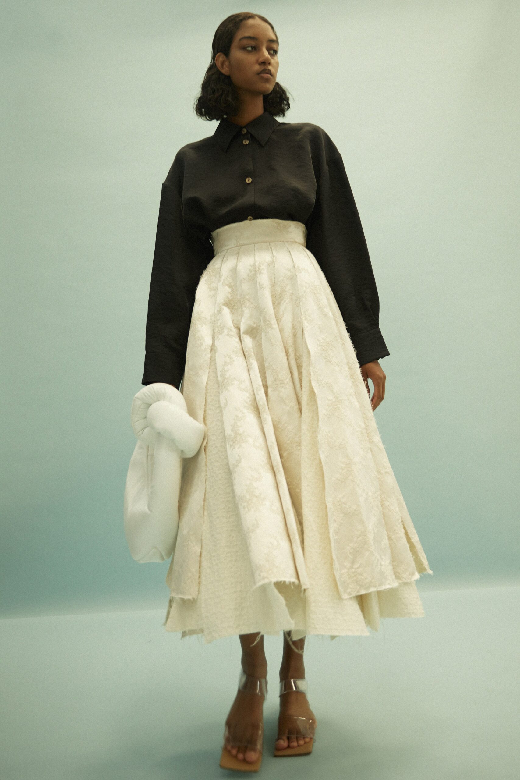 white cotton fitted high-waisted pleated midi skirt