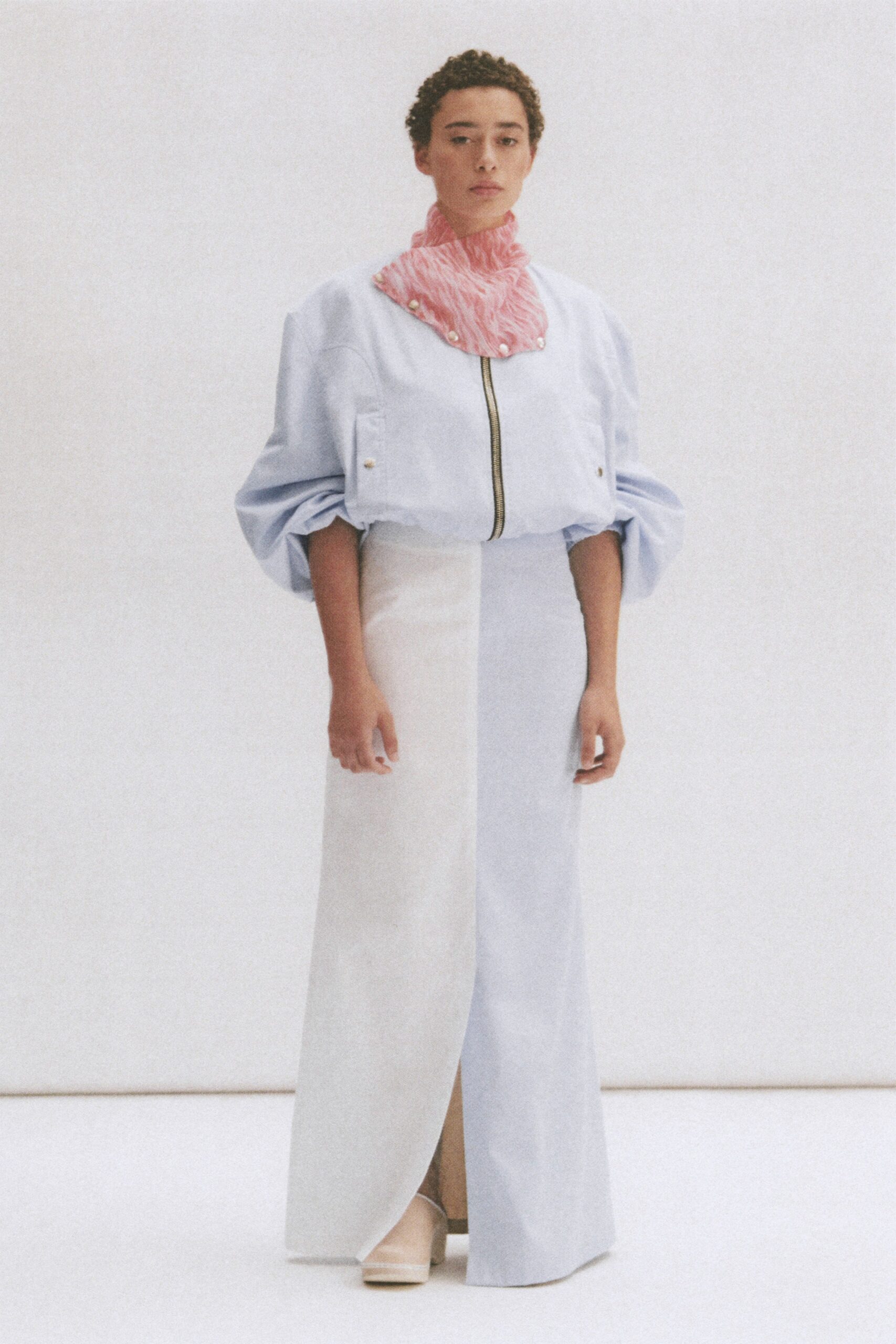 blue cotton jacket with white skirt