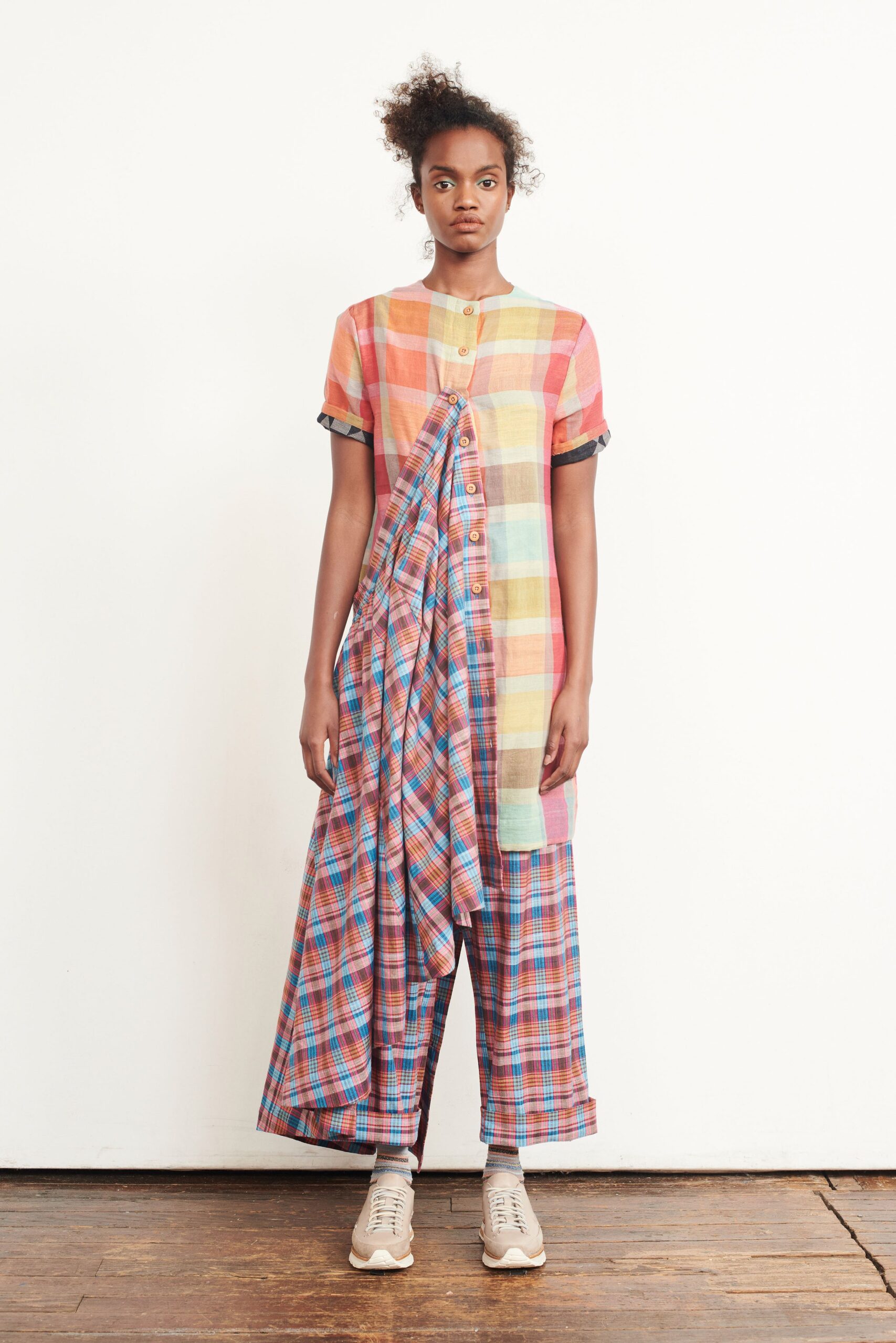 orange cotton short-sleeve collared relaxed pleated layered dress