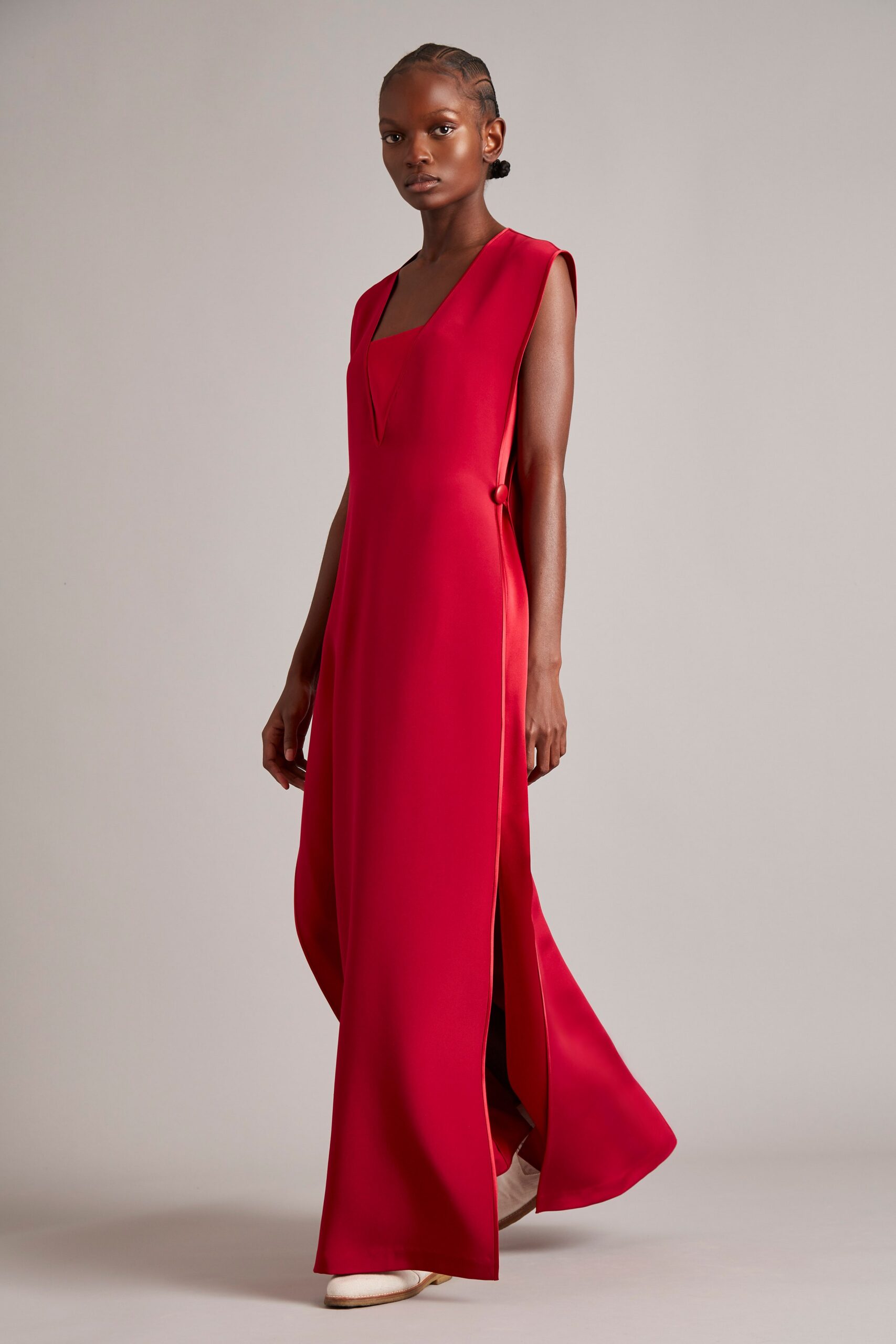 red silk sleeveless gown