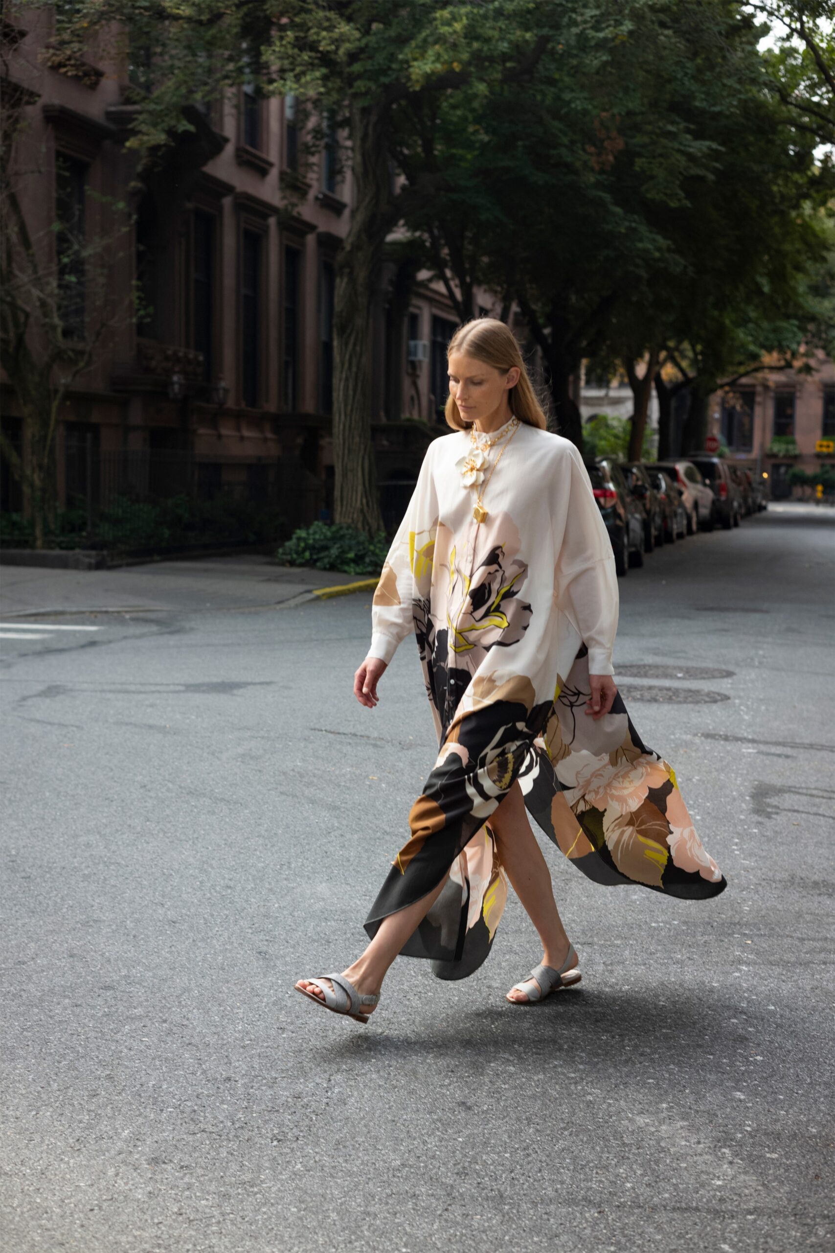 white silk long-sleeve collared relaxed floral blouse