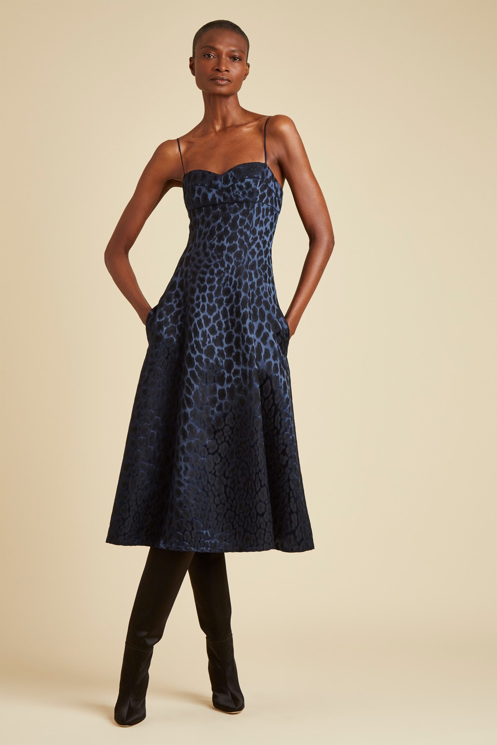 blue silk printed midi dress