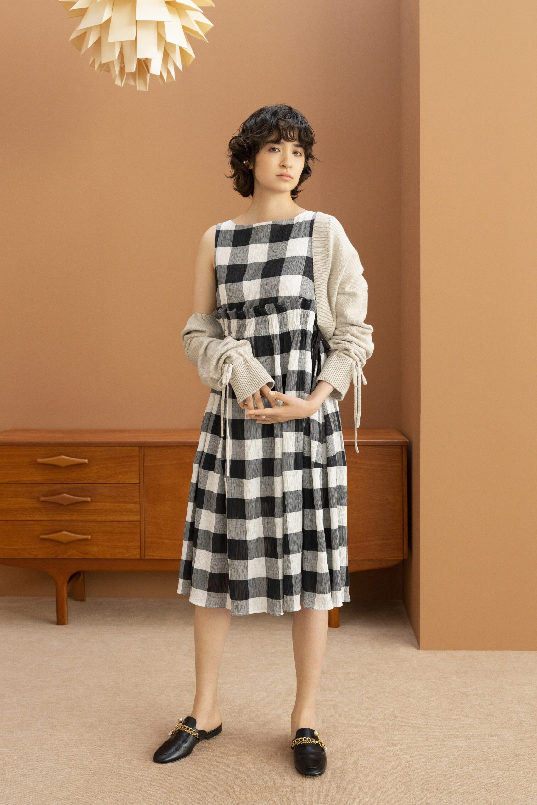 checked midi dress with cardigan