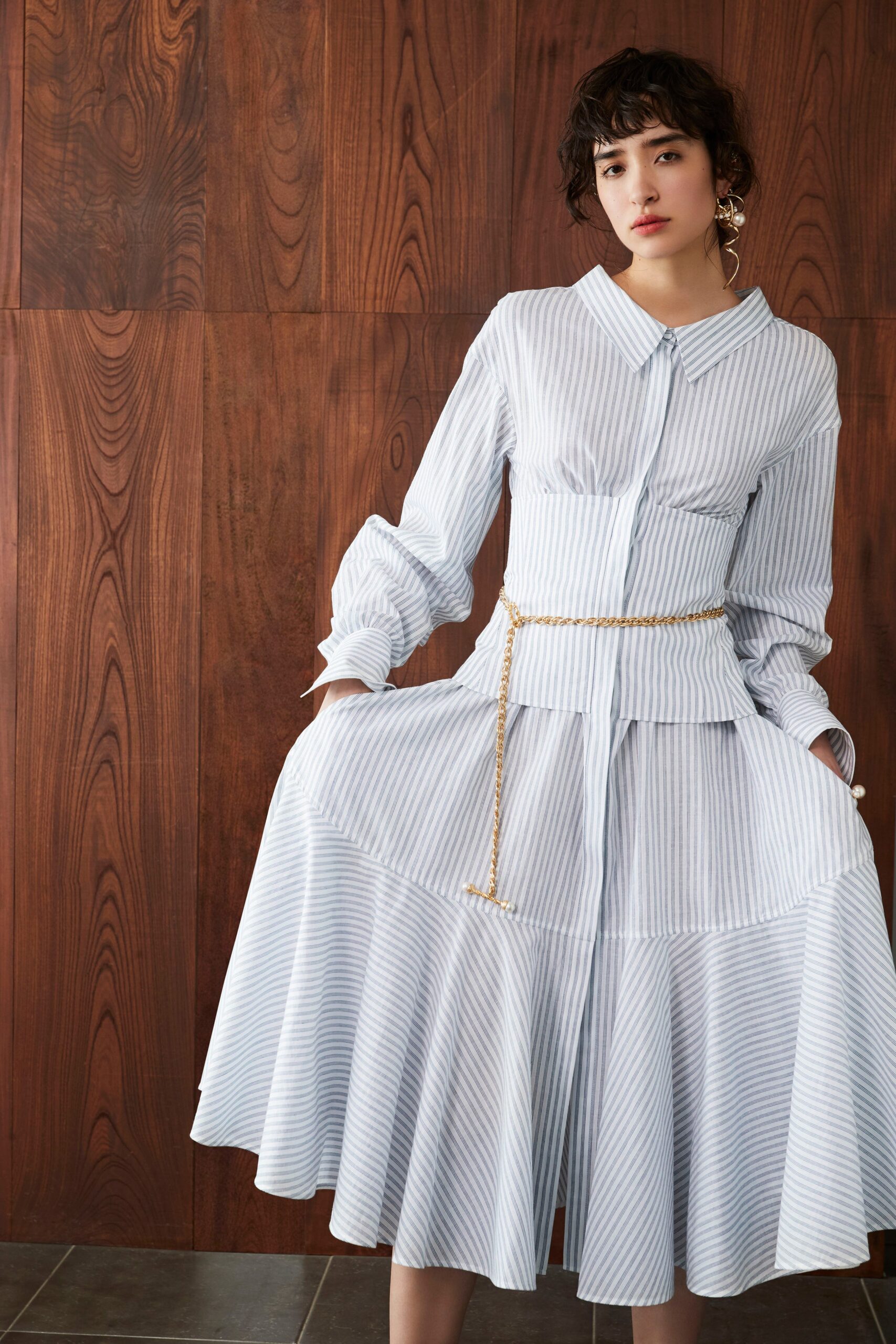 blue and white striped midi dress