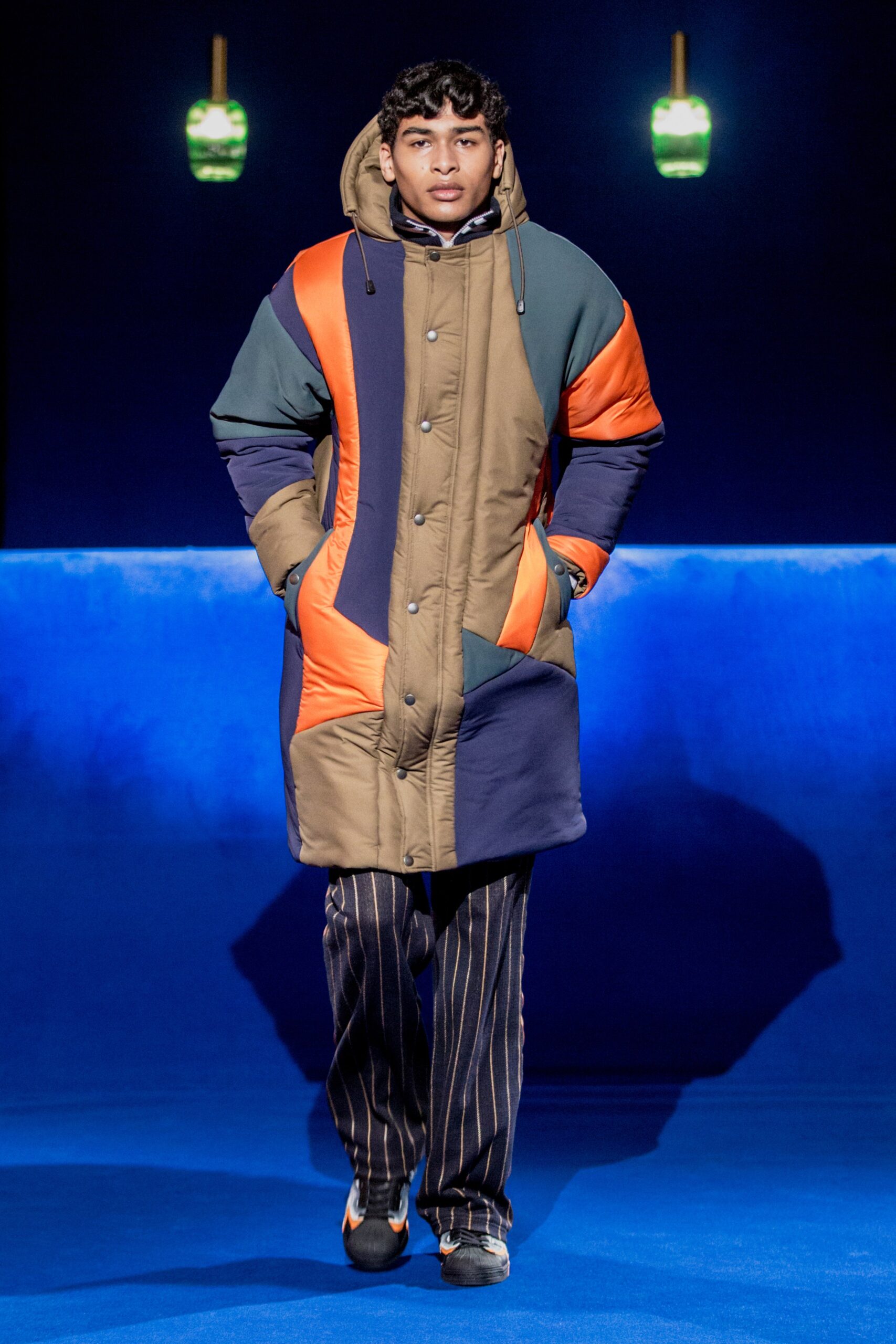 color-blocked relaxed coat with striped pants