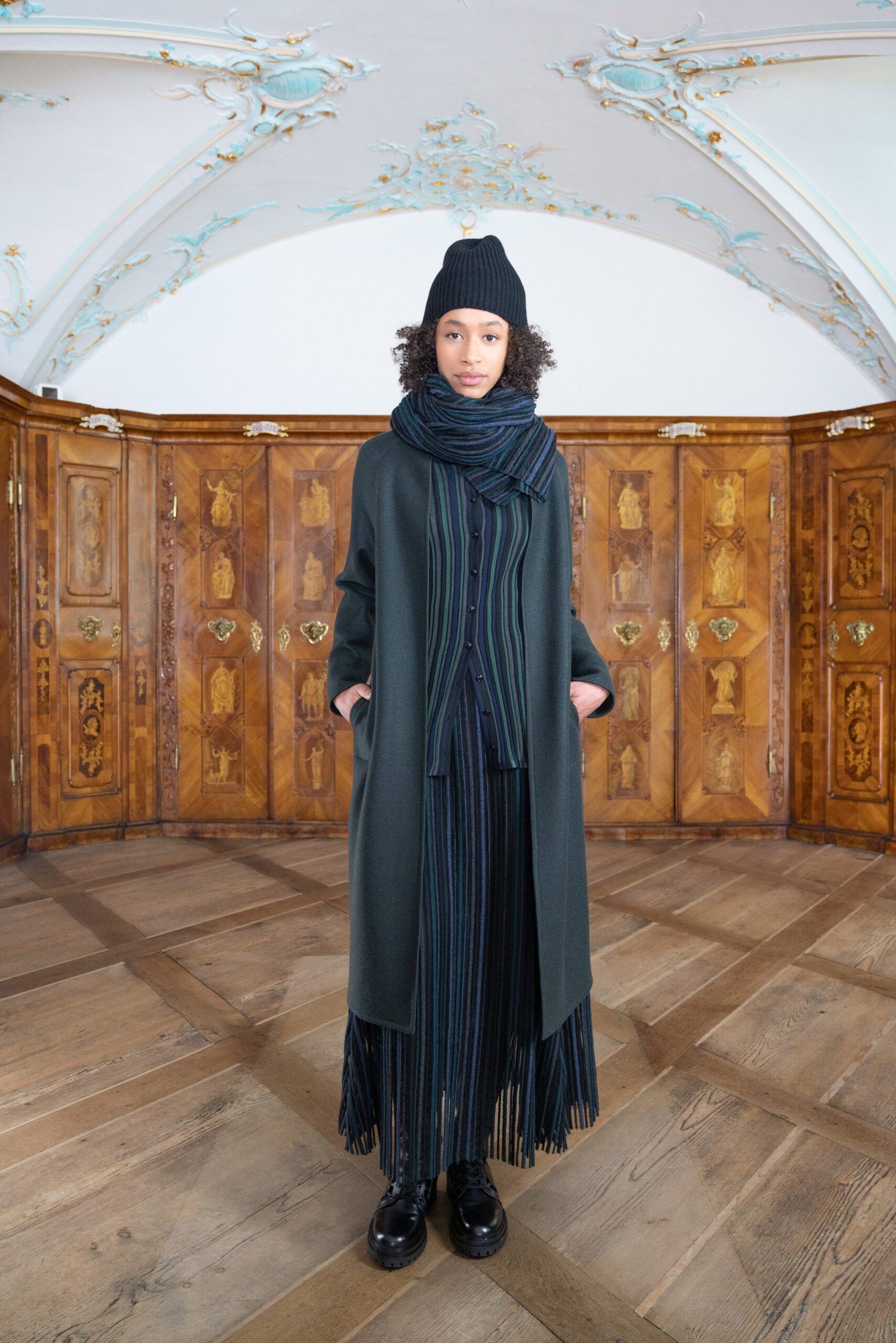 green wool long-sleeve collared relaxed layered maxi coat