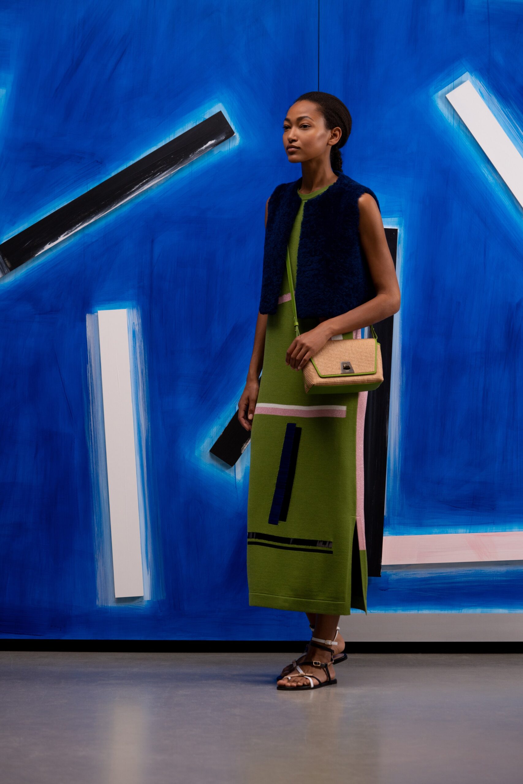 color-blocked midi dress with faux-fur vest