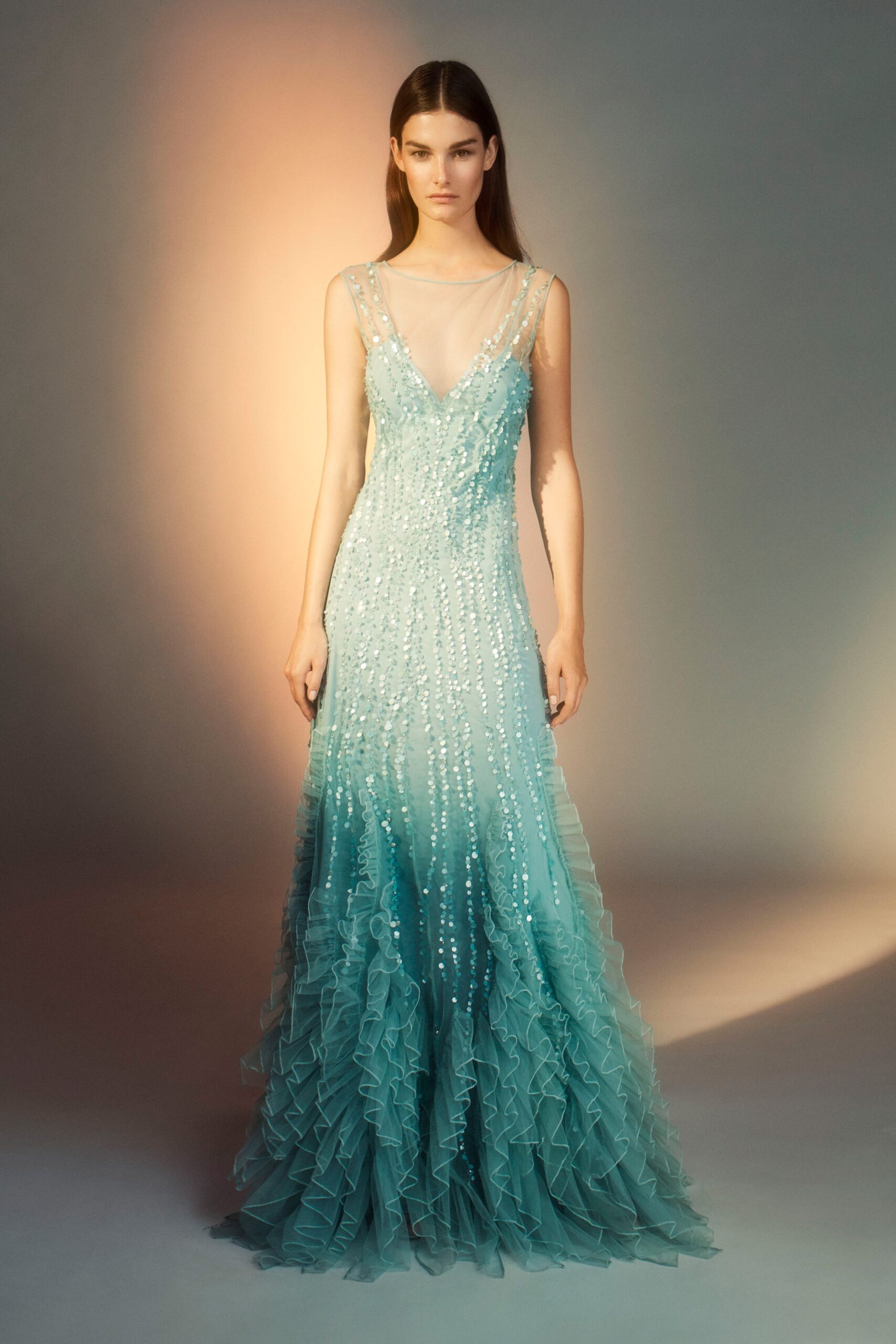 blue silk ruffled gown