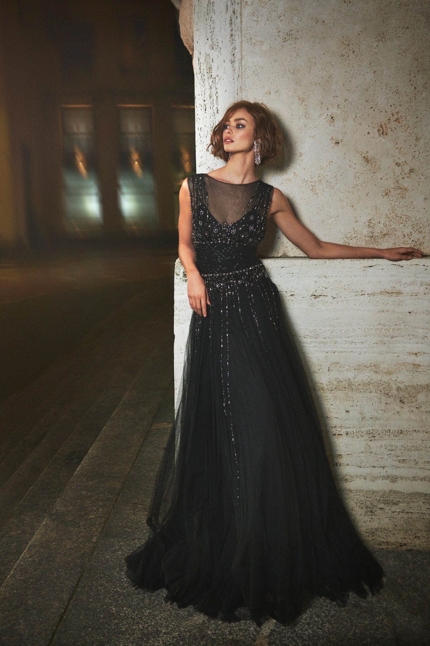 black tulle sleeveless gown
