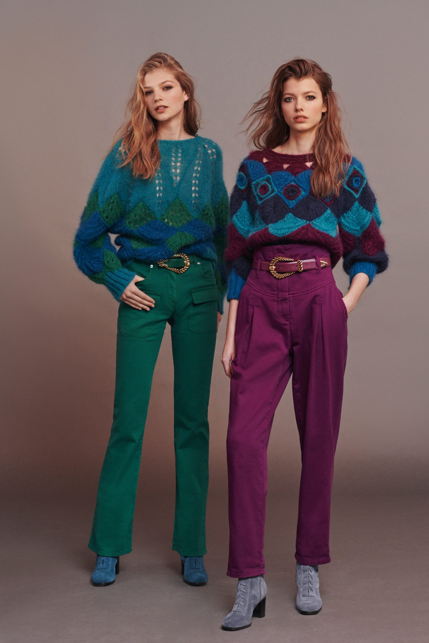 colorful sweaters and fitted pants