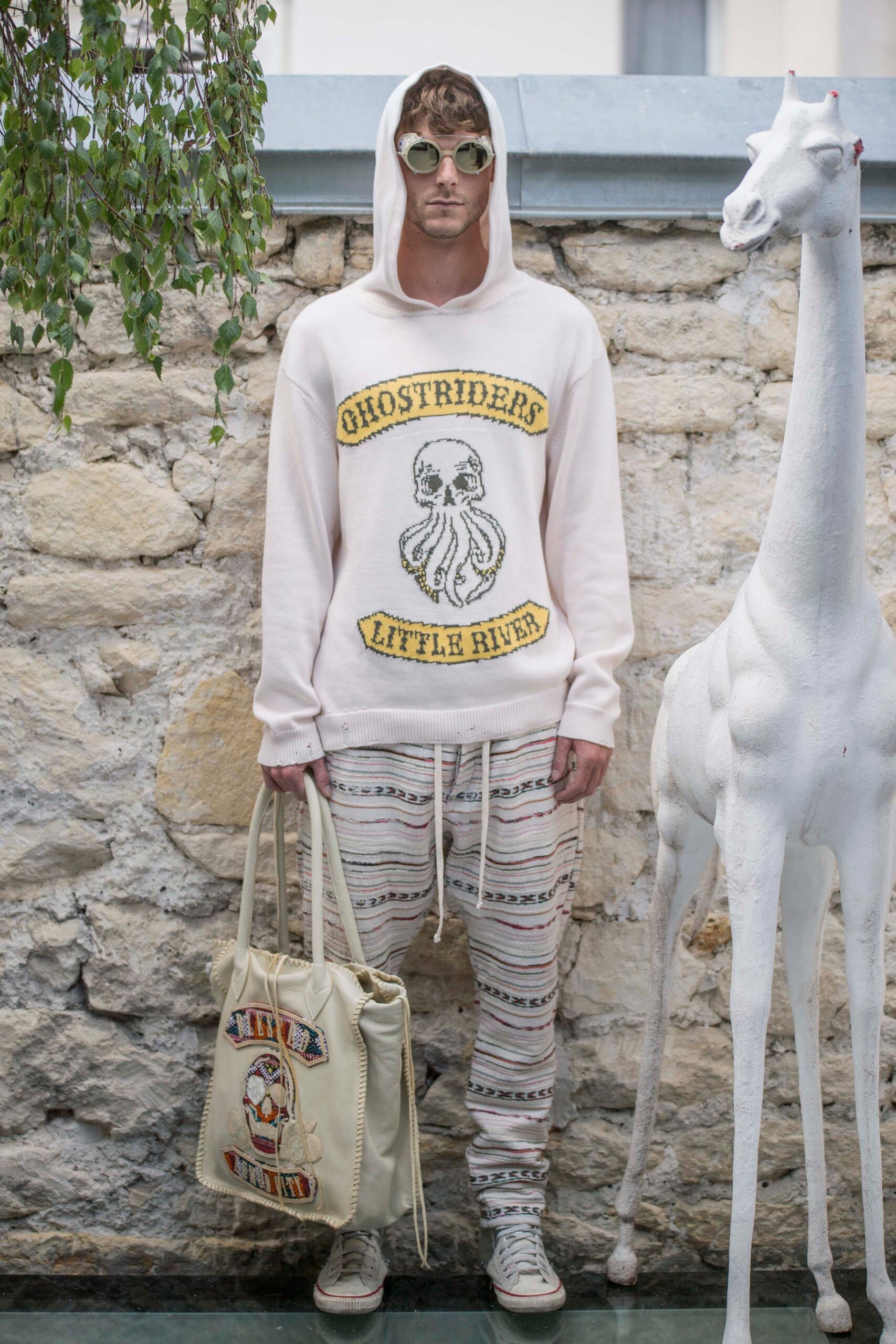 white hoodie and beige pants
