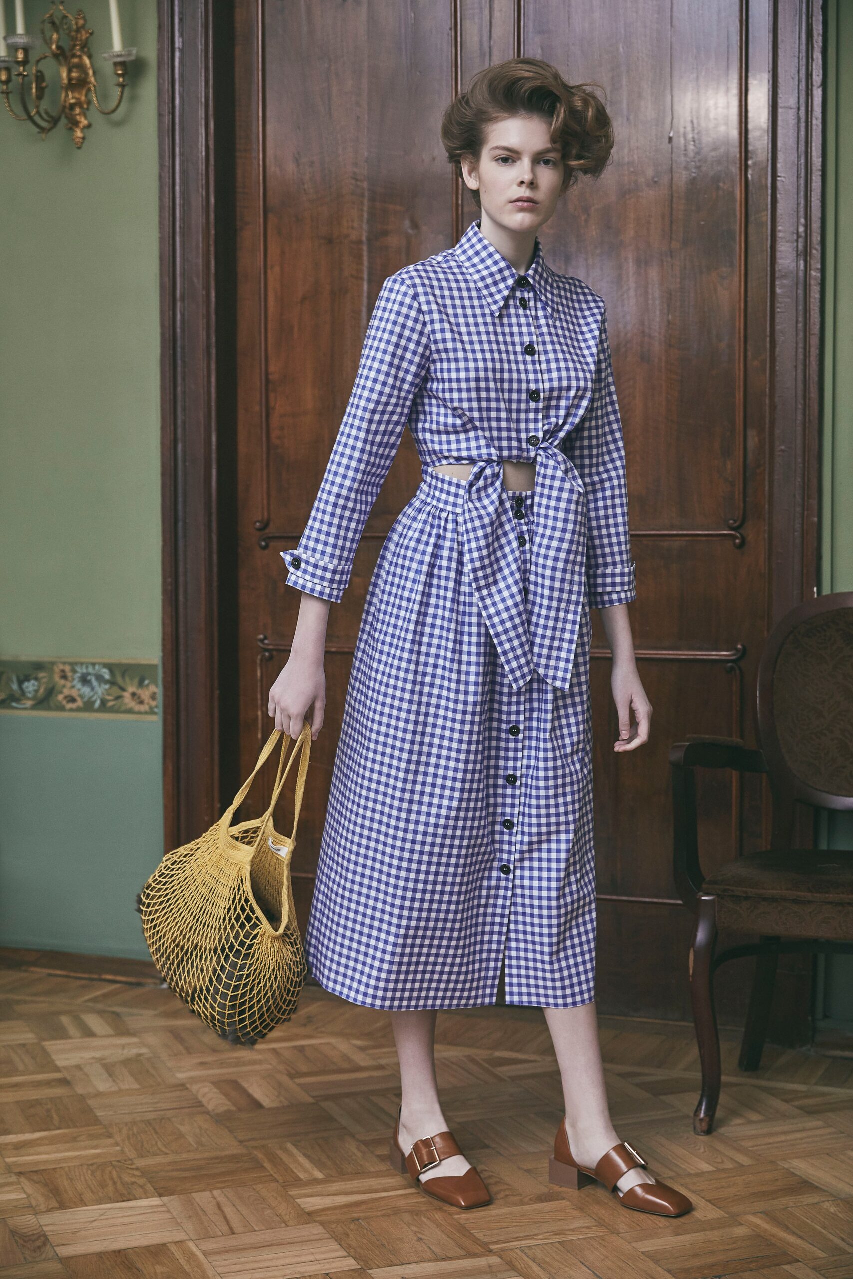 blue and white checkered shirt-dress