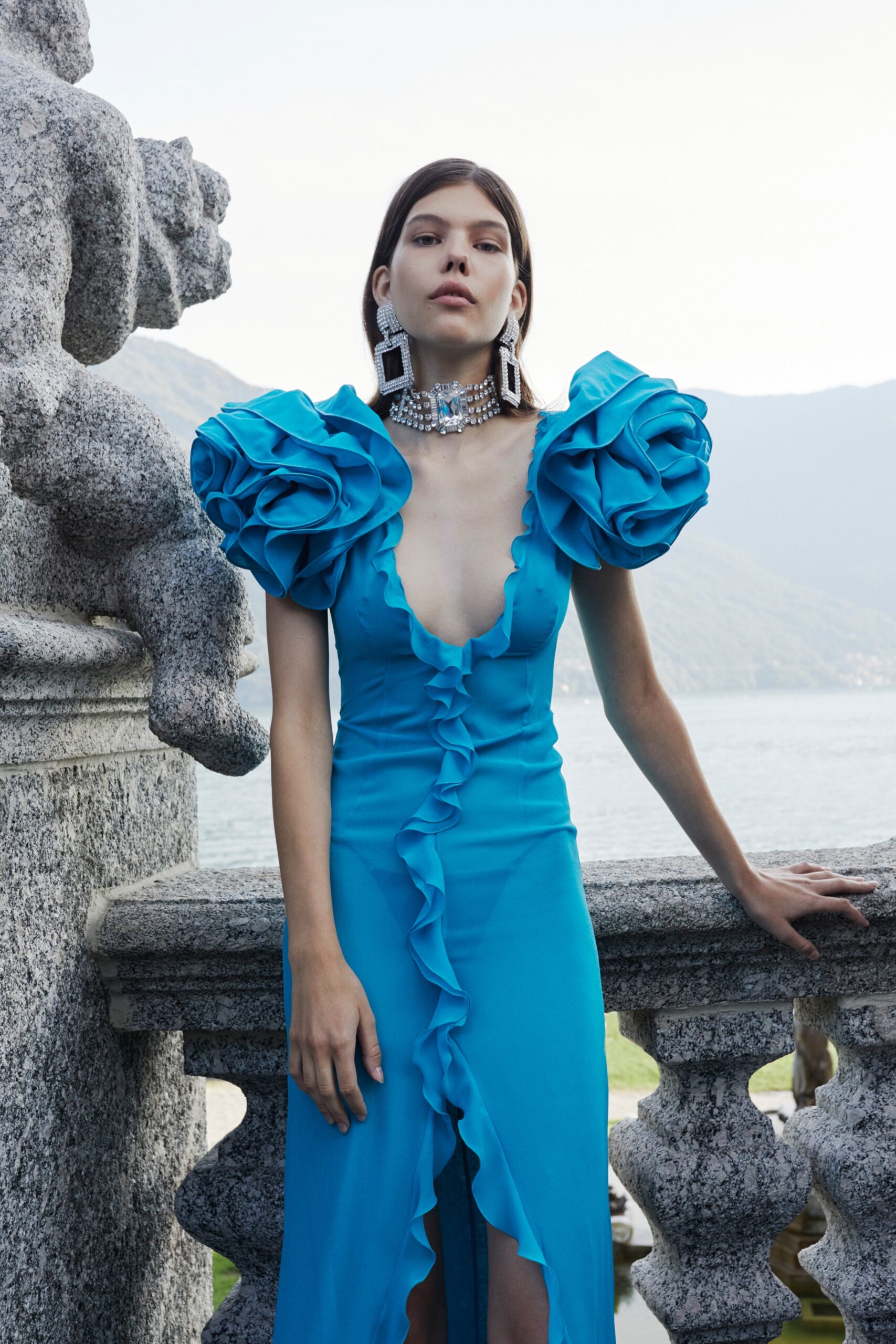 blue silk ruffled midi dress