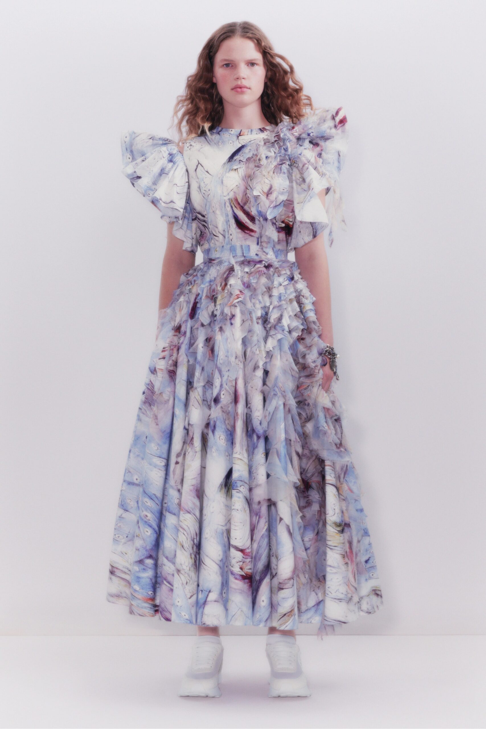 blue and white ruffled maxi dress