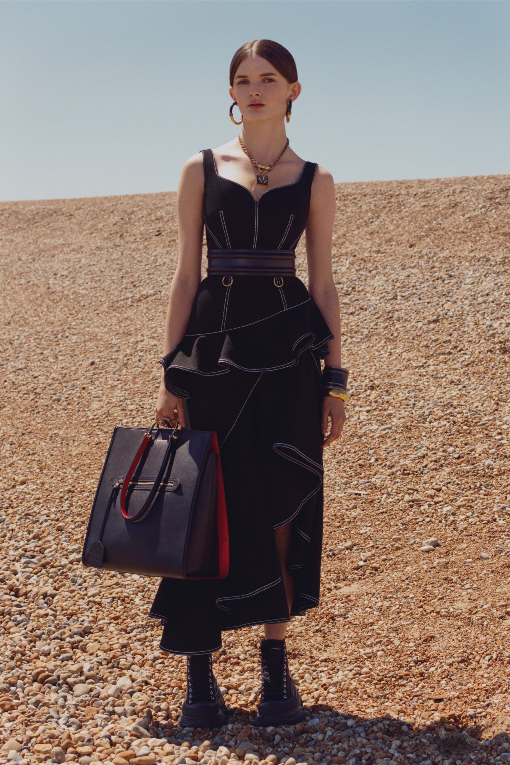 black cotton sleeveless v-neck fitted tiered midi dress