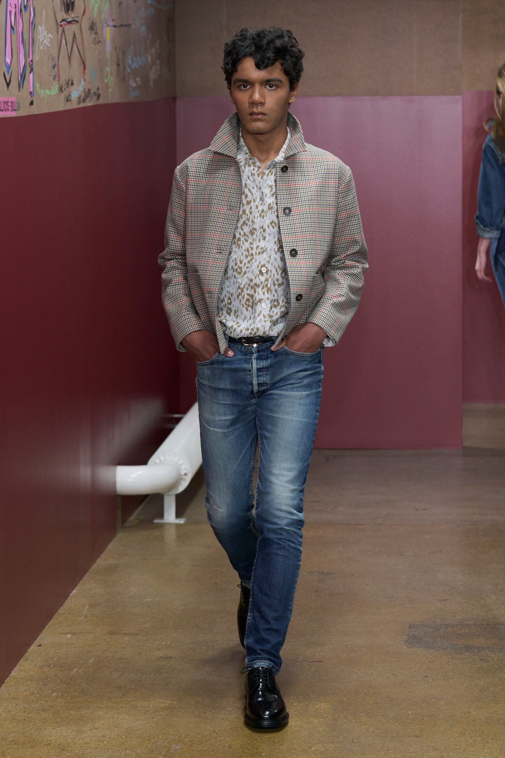 tailored gray jacket with floral shirt