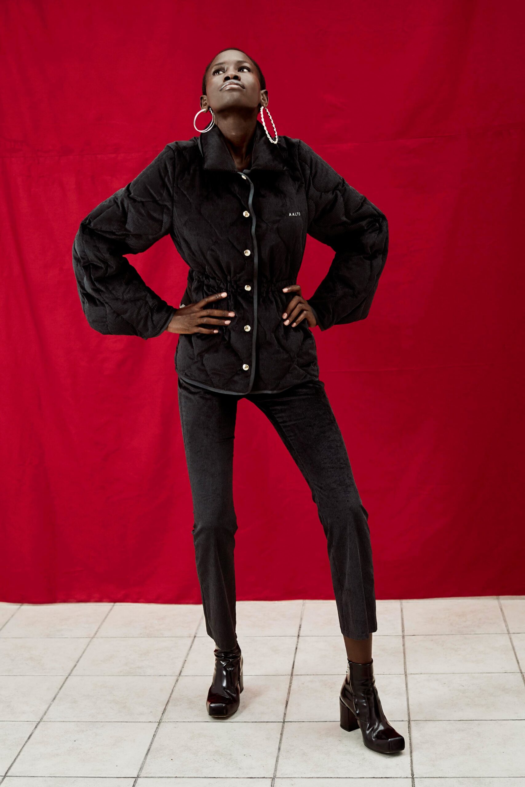 black velvet fitted jacket and pants