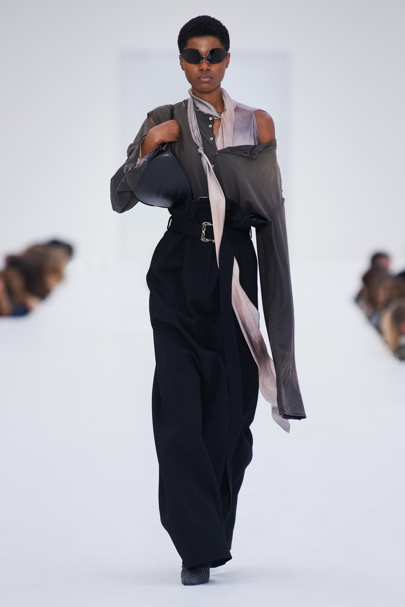 gray silk long-sleeve off-shoulder relaxed buttoned shirt