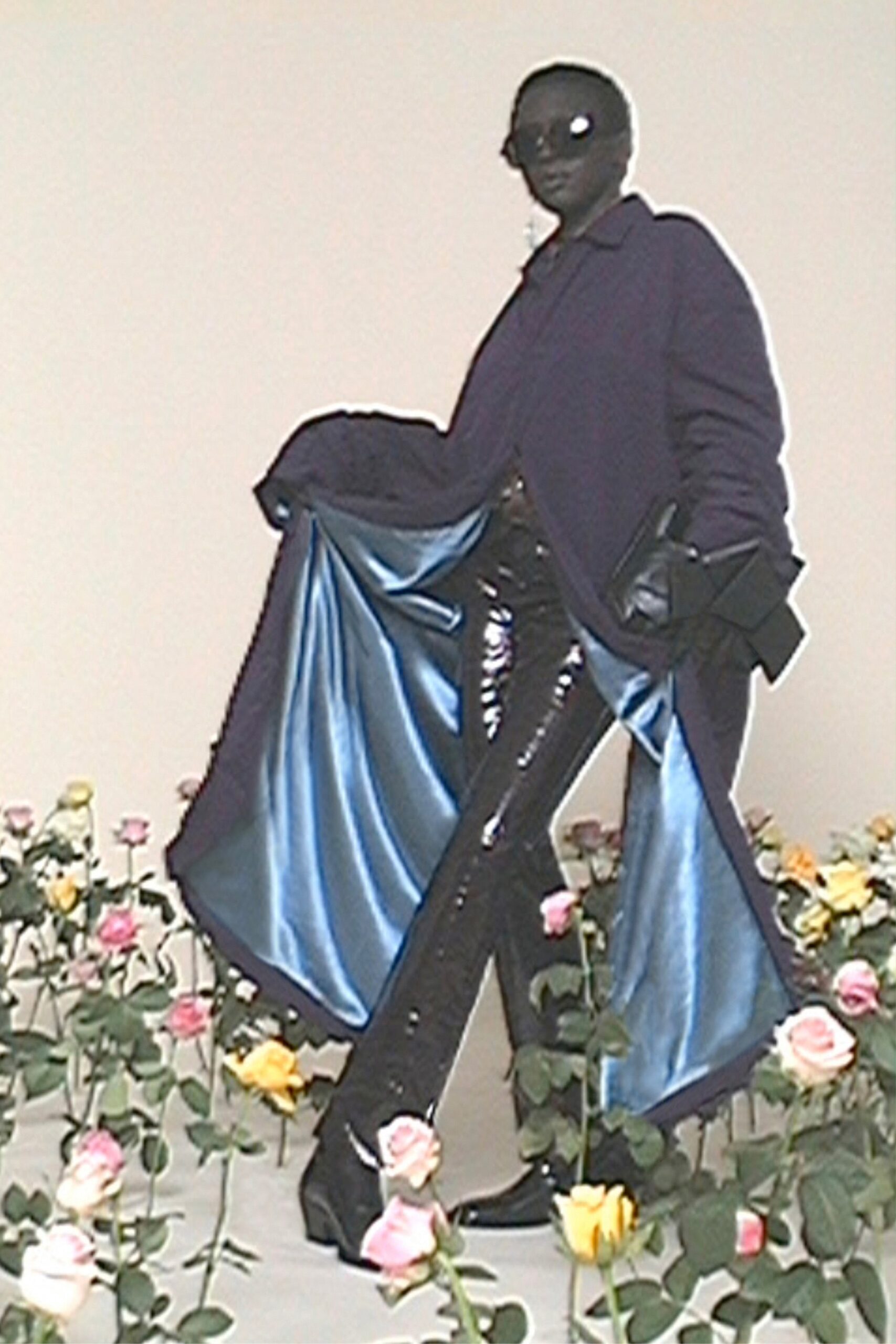 black wool coat with shiny pants