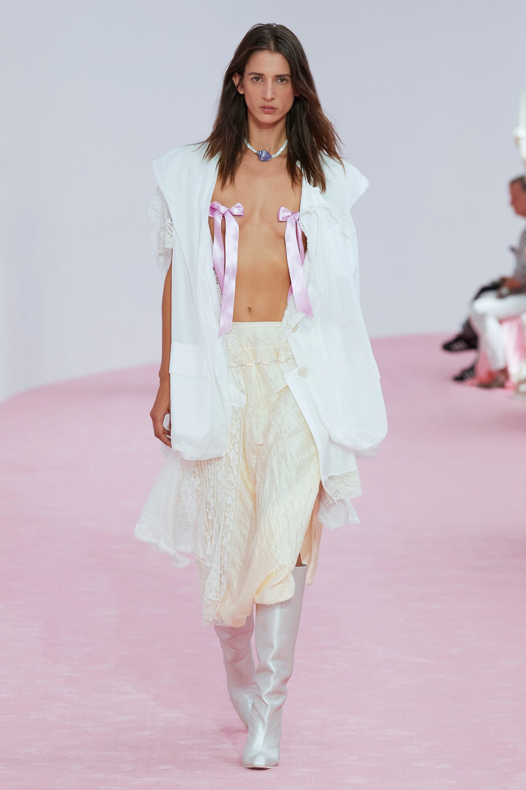 oversized white coat with lace skirt