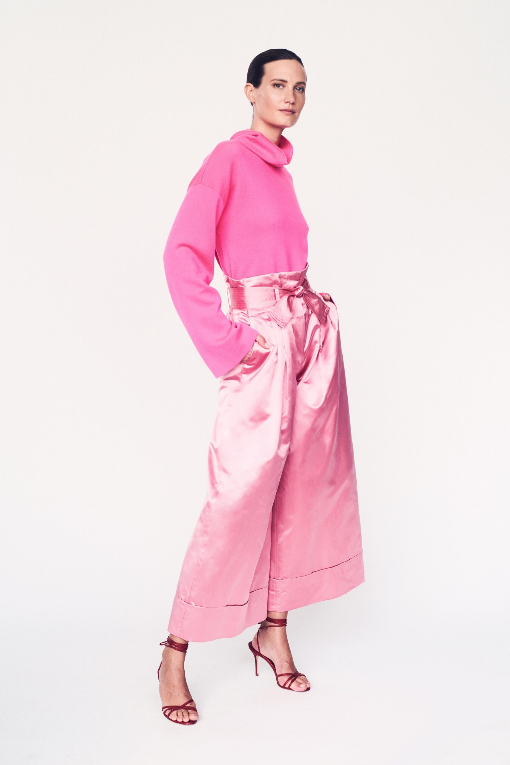 pink relaxed top with pleated pants