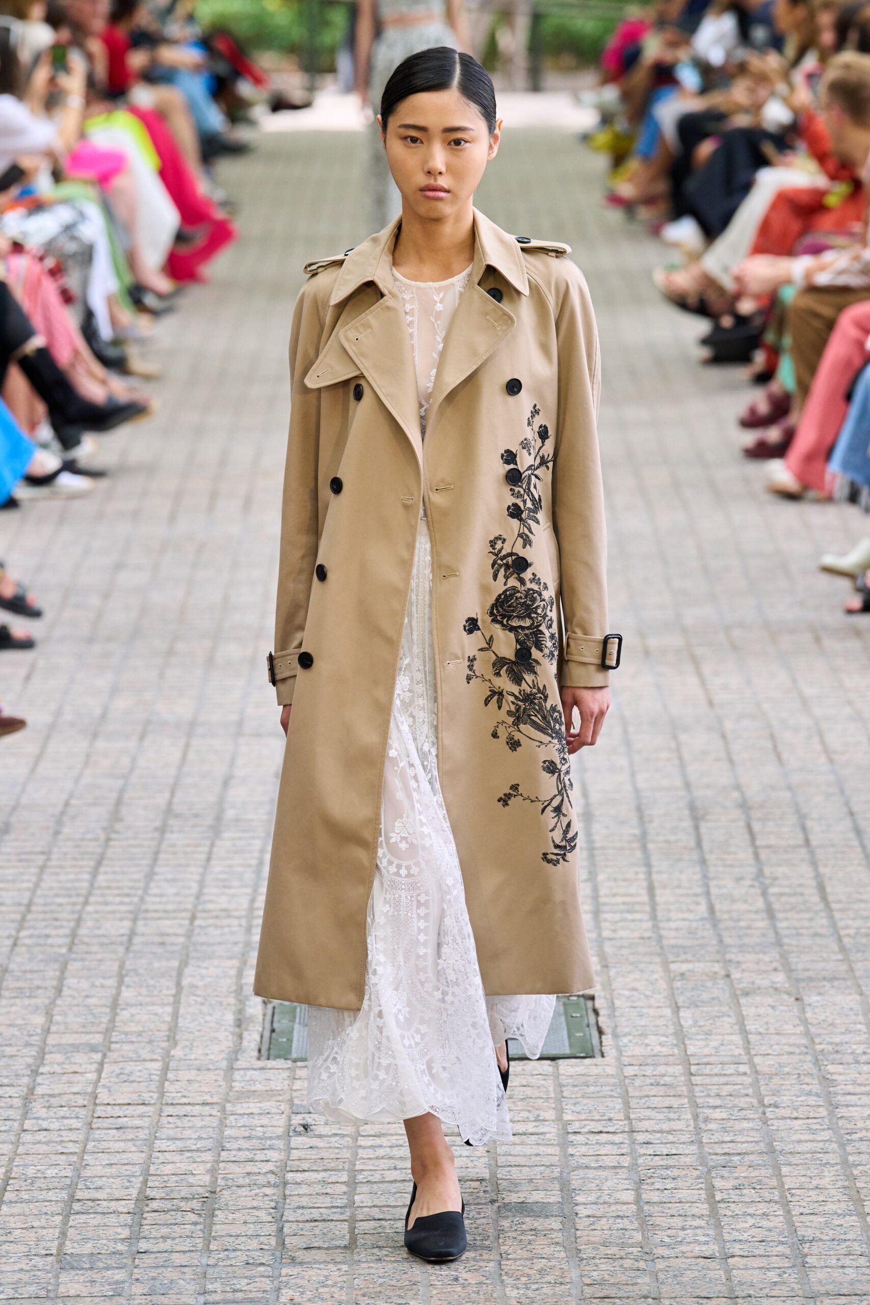 beige cotton long-sleeve collared relaxed embroidered trench