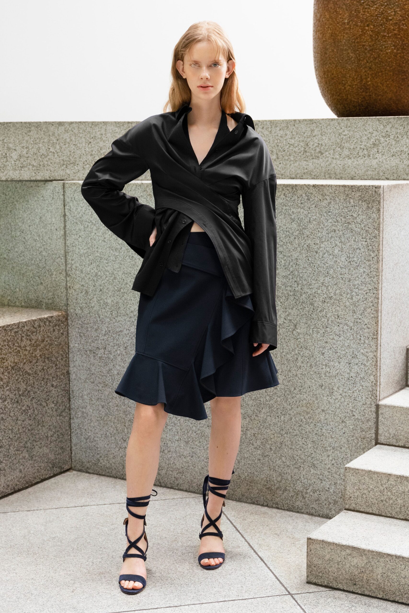 black cotton long-sleeve collared fitted draped blouse