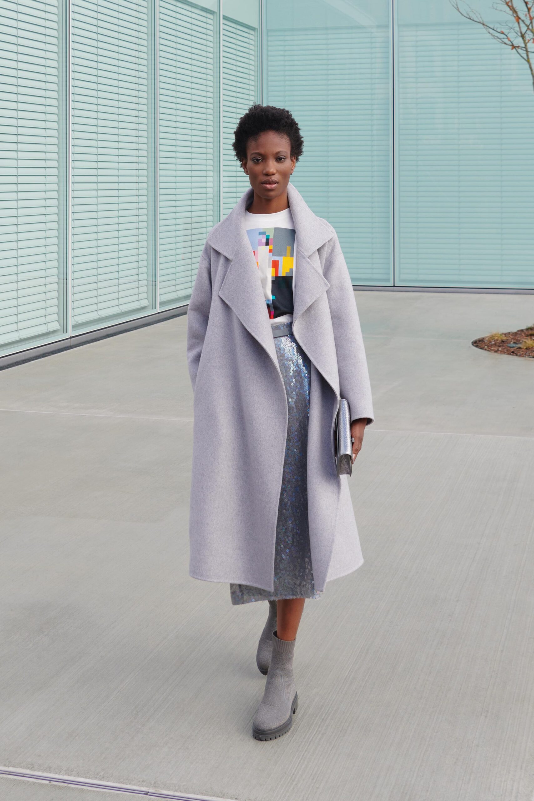 gray sequin fitted pencil shiny midi skirt