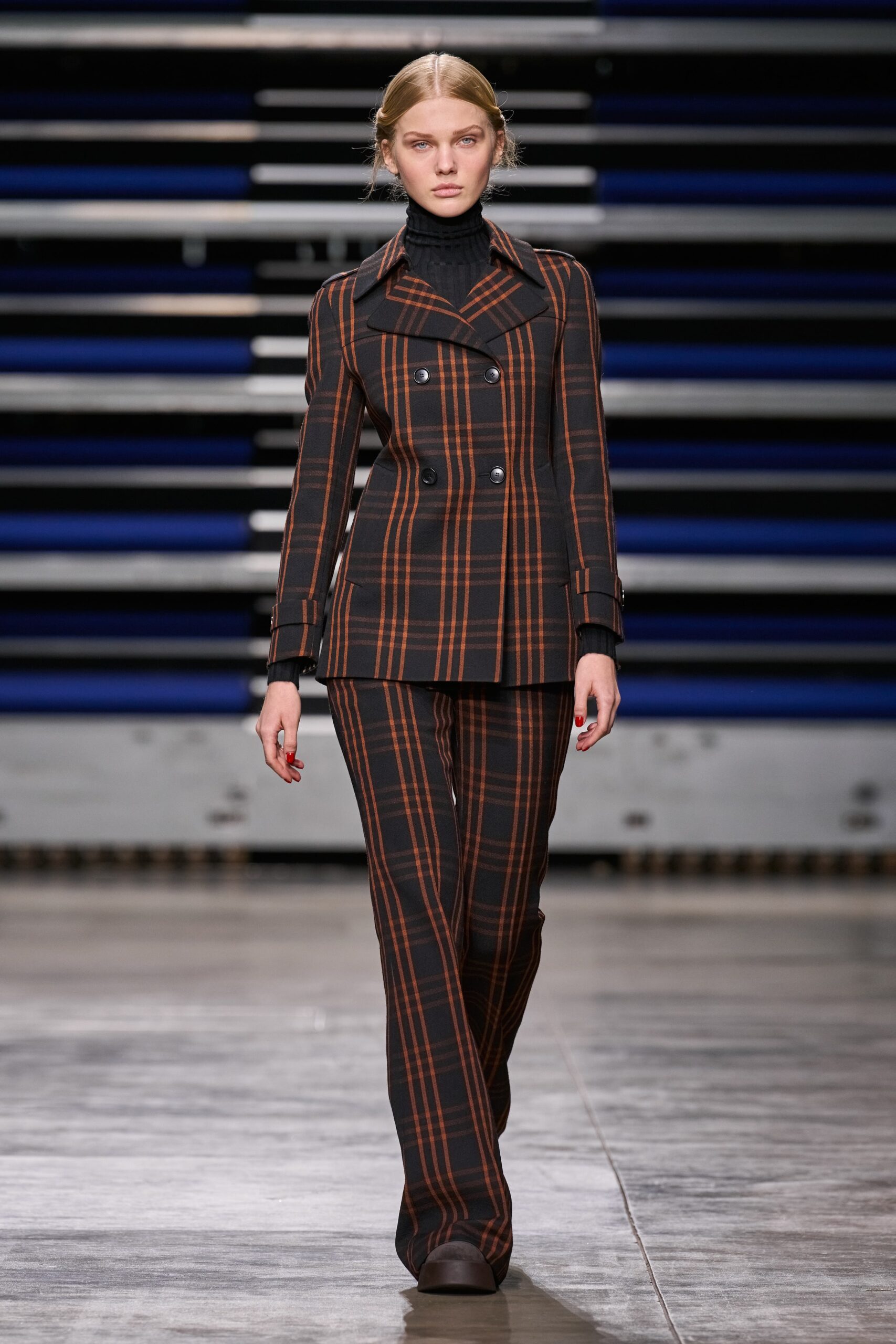 brown and orange checked blazer and pants