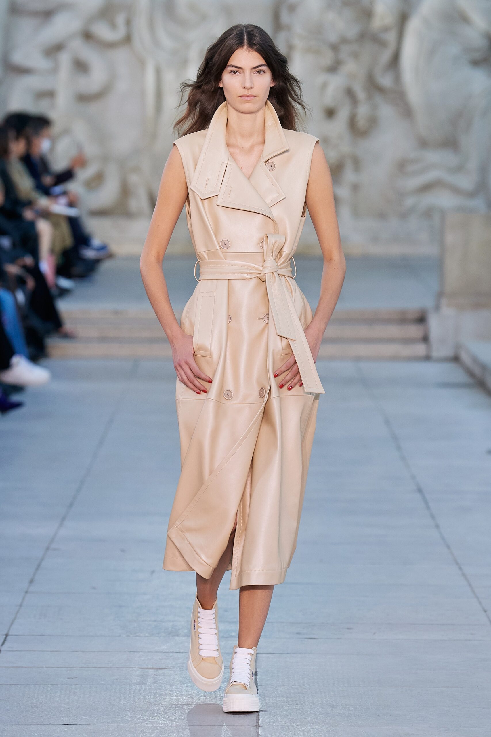 beige leather sleeveless dress