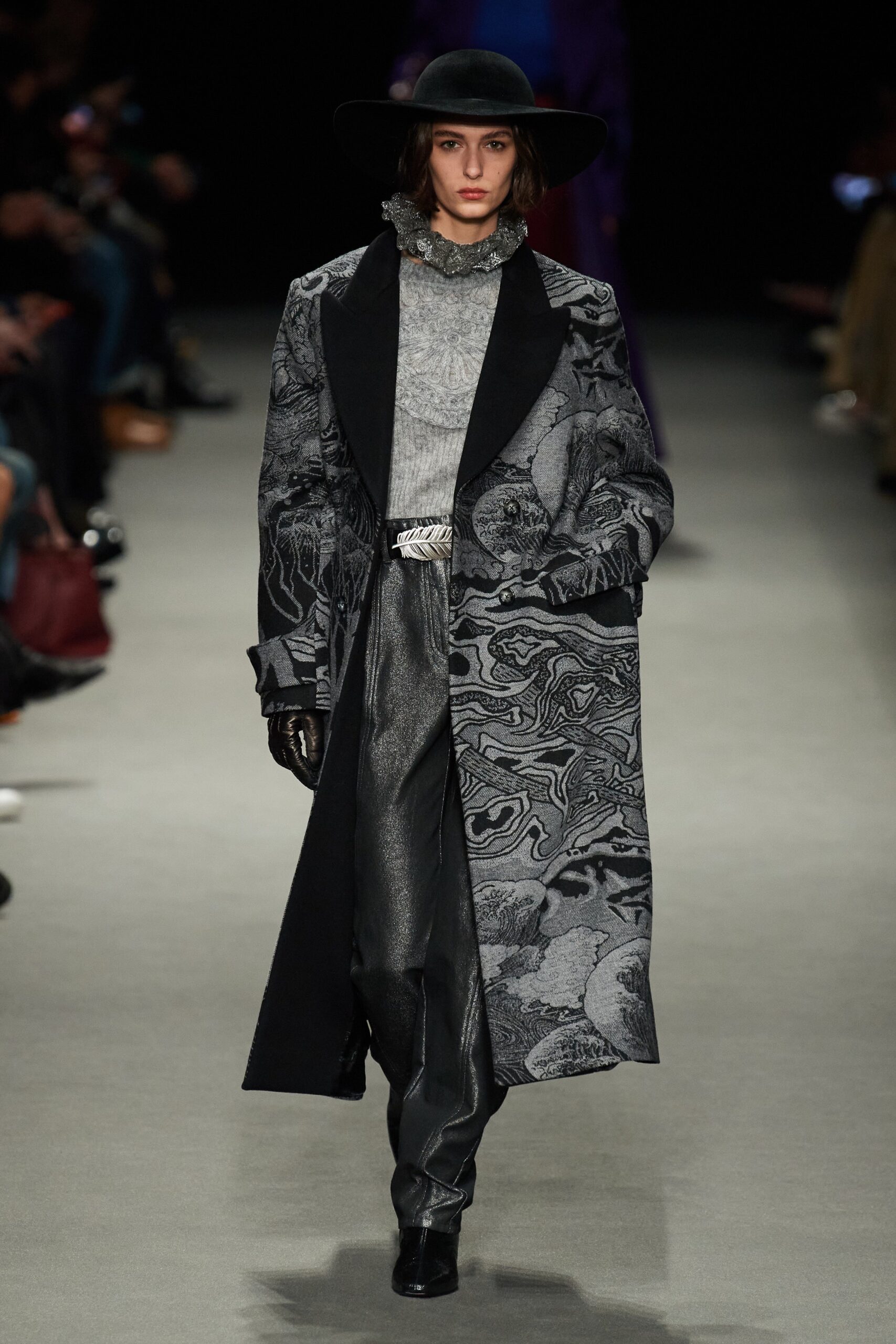 relaxed black and gray coat with fitted sweater