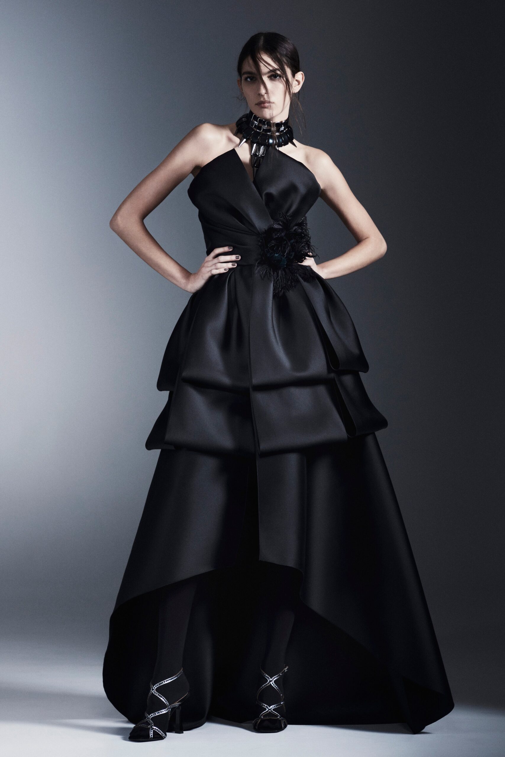 black silk sleeveless gown