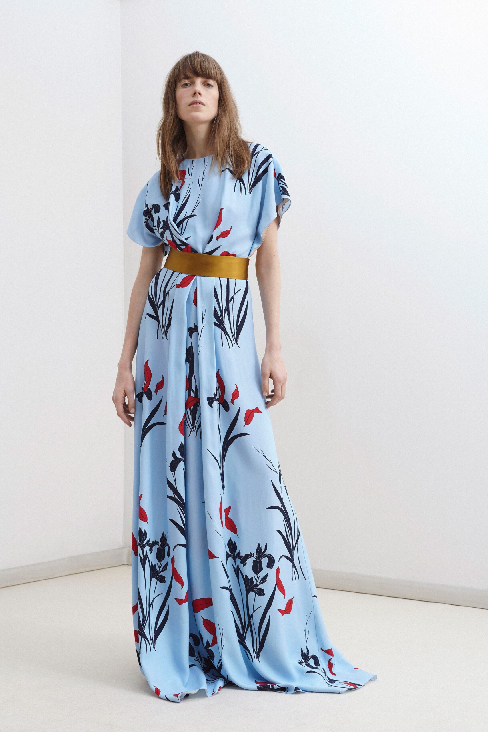 blue silk short-sleeve high-neck relaxed flared maxi gown