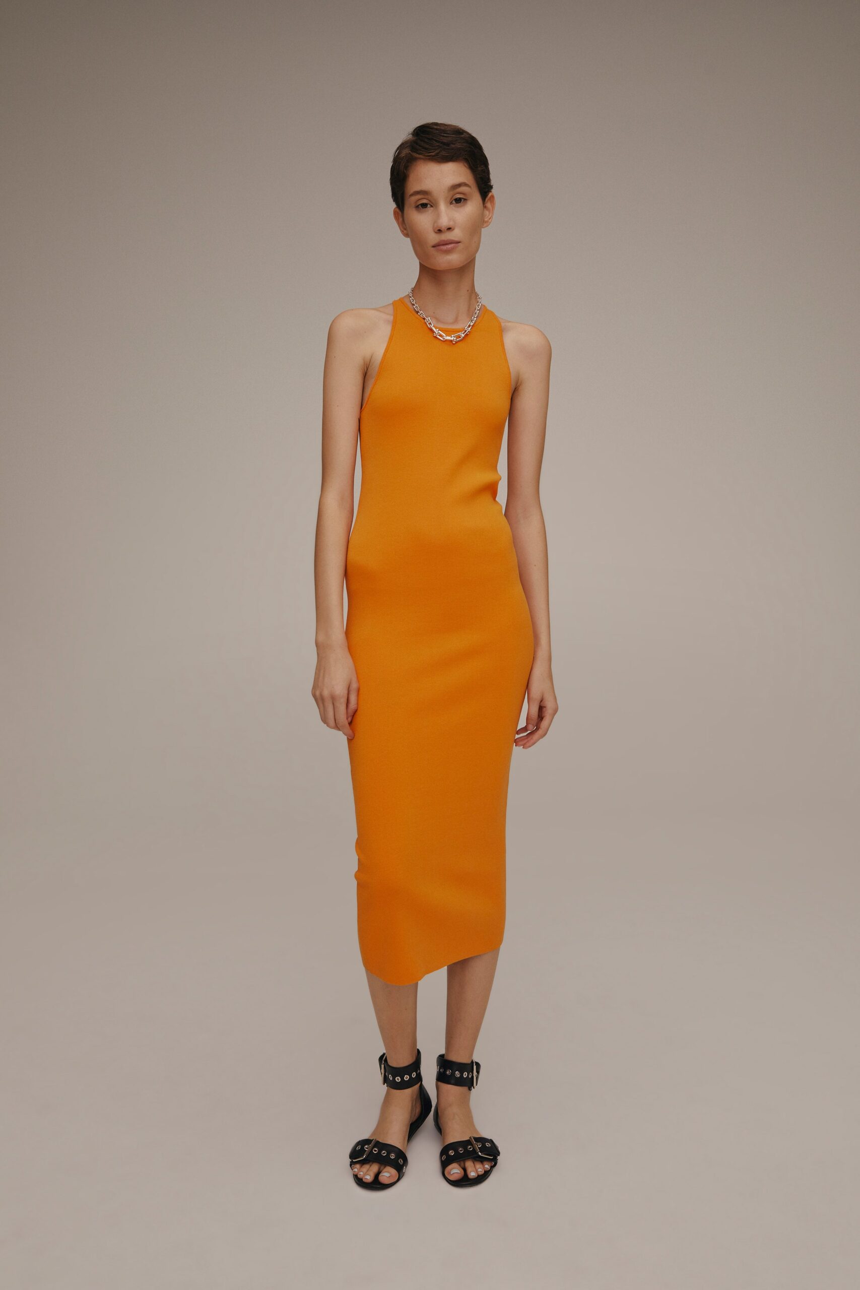 fitted orange midi dress