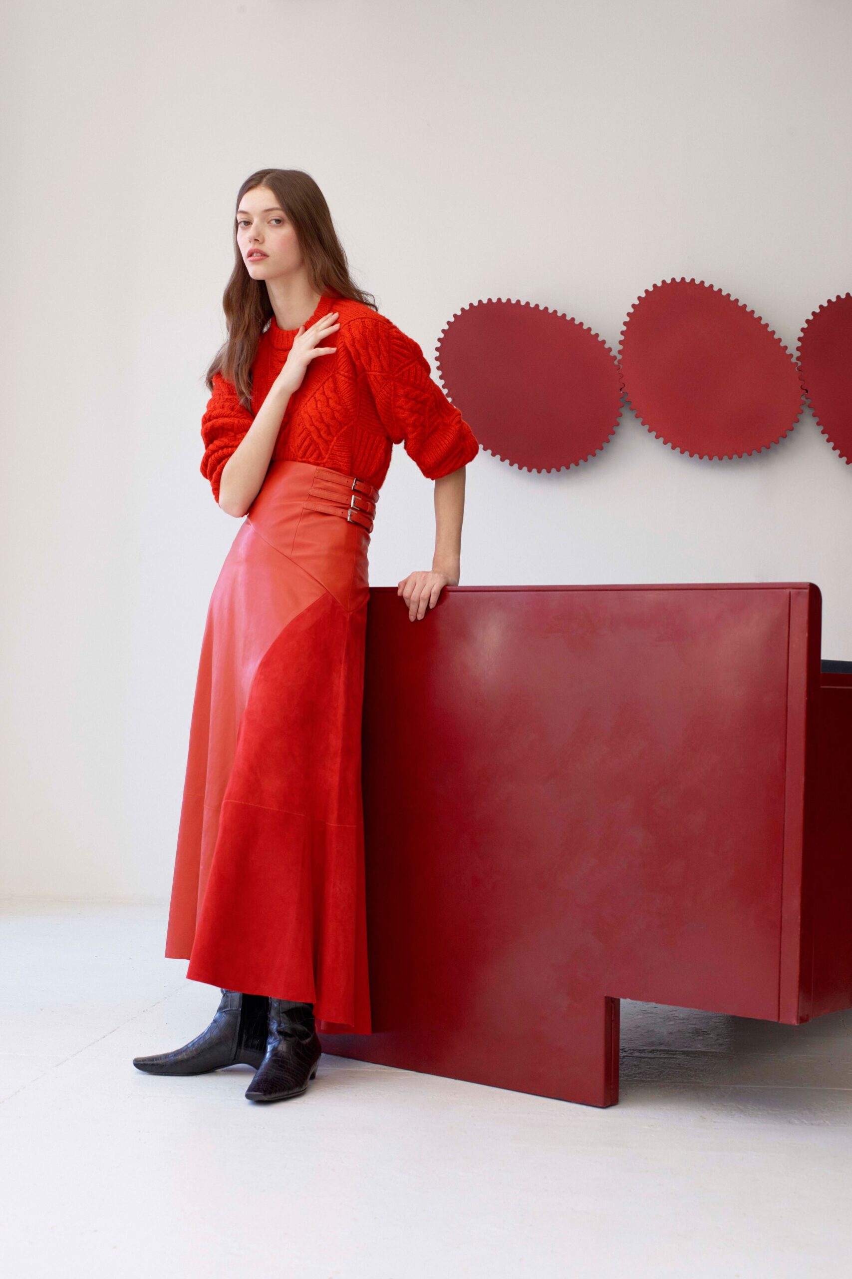 red wool sweater and midi skirt