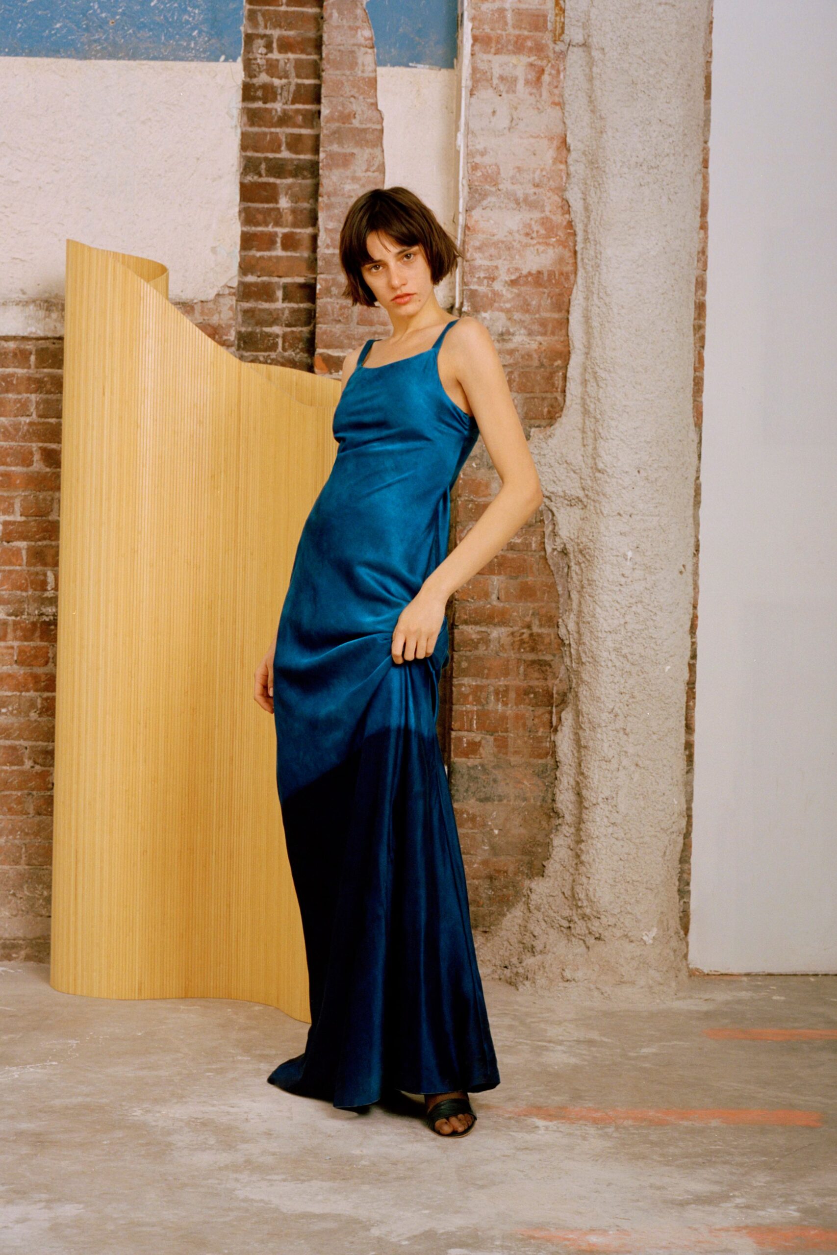 blue silk fitted gown